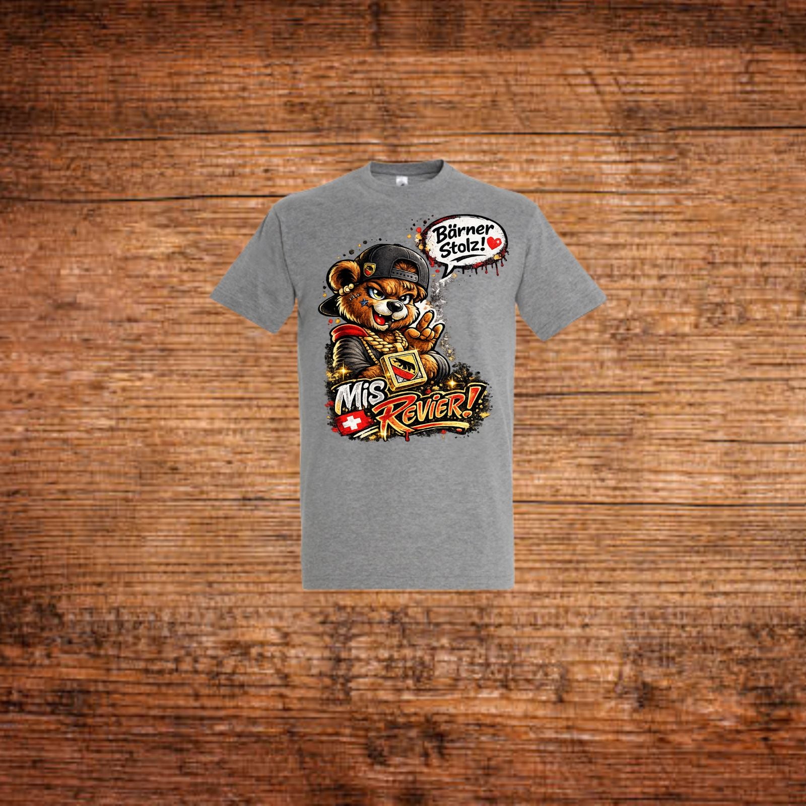 Graues T-Shirt mit großem Tiercomic-Print vorn und rundem Halsausschnitt