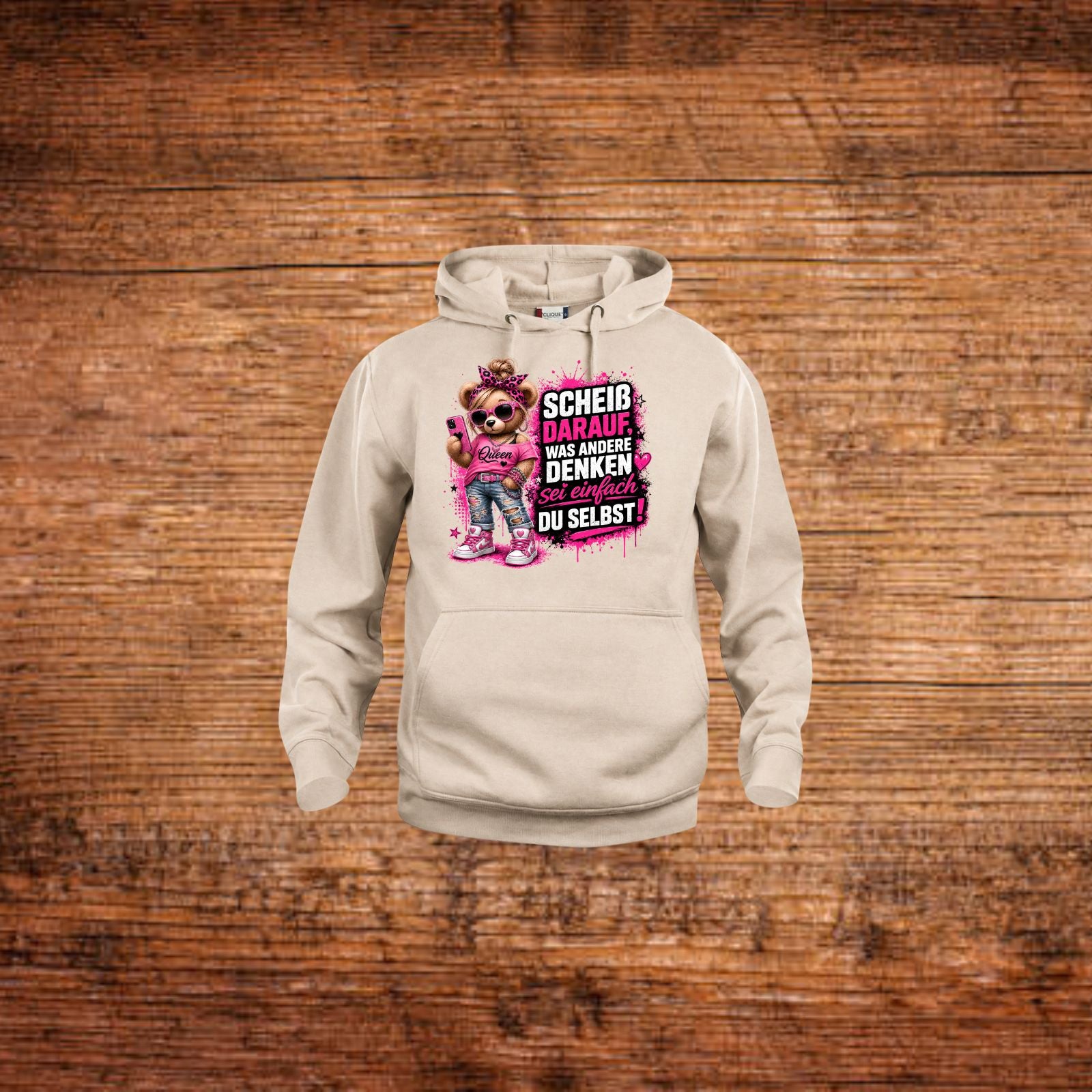 Beiger Damen-Hoodie mit Kapuze und Kängurutasche, Frontprint mit Motiv