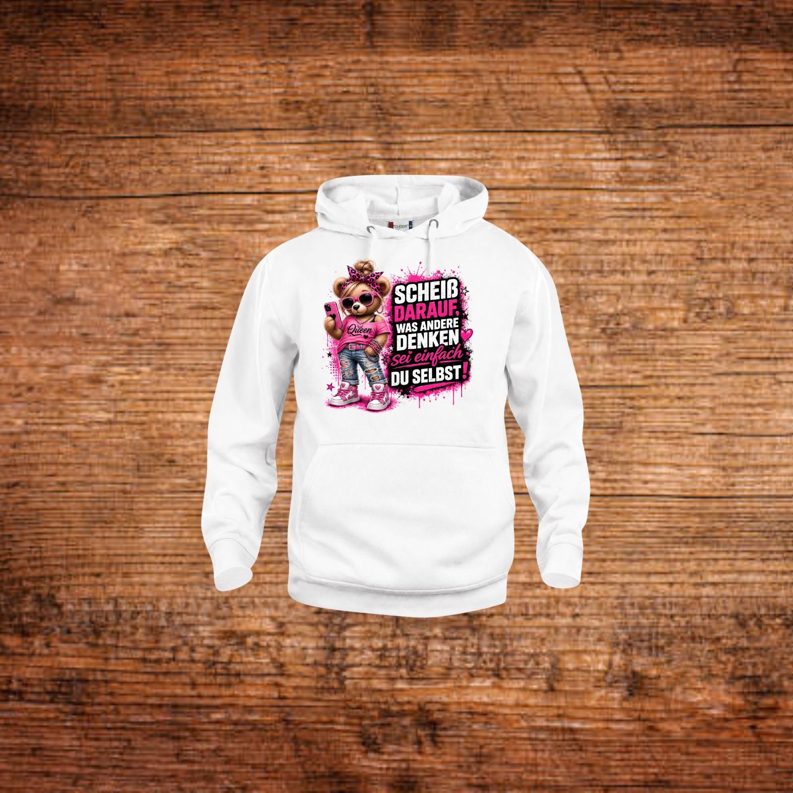 Weißer Damen-Hoodie mit Kapuze und Kängurutasche, Frontprint mit Motiv