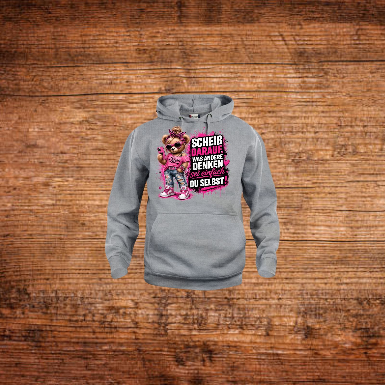 Grau melierter Damen-Hoodie mit Kapuze und Kängurutasche, Frontprint