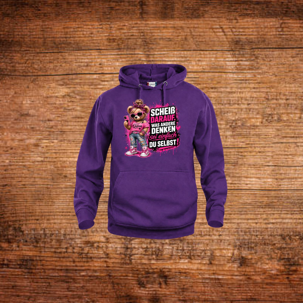 Lila Damen-Hoodie mit Kapuze und Kängurutasche, Frontprint