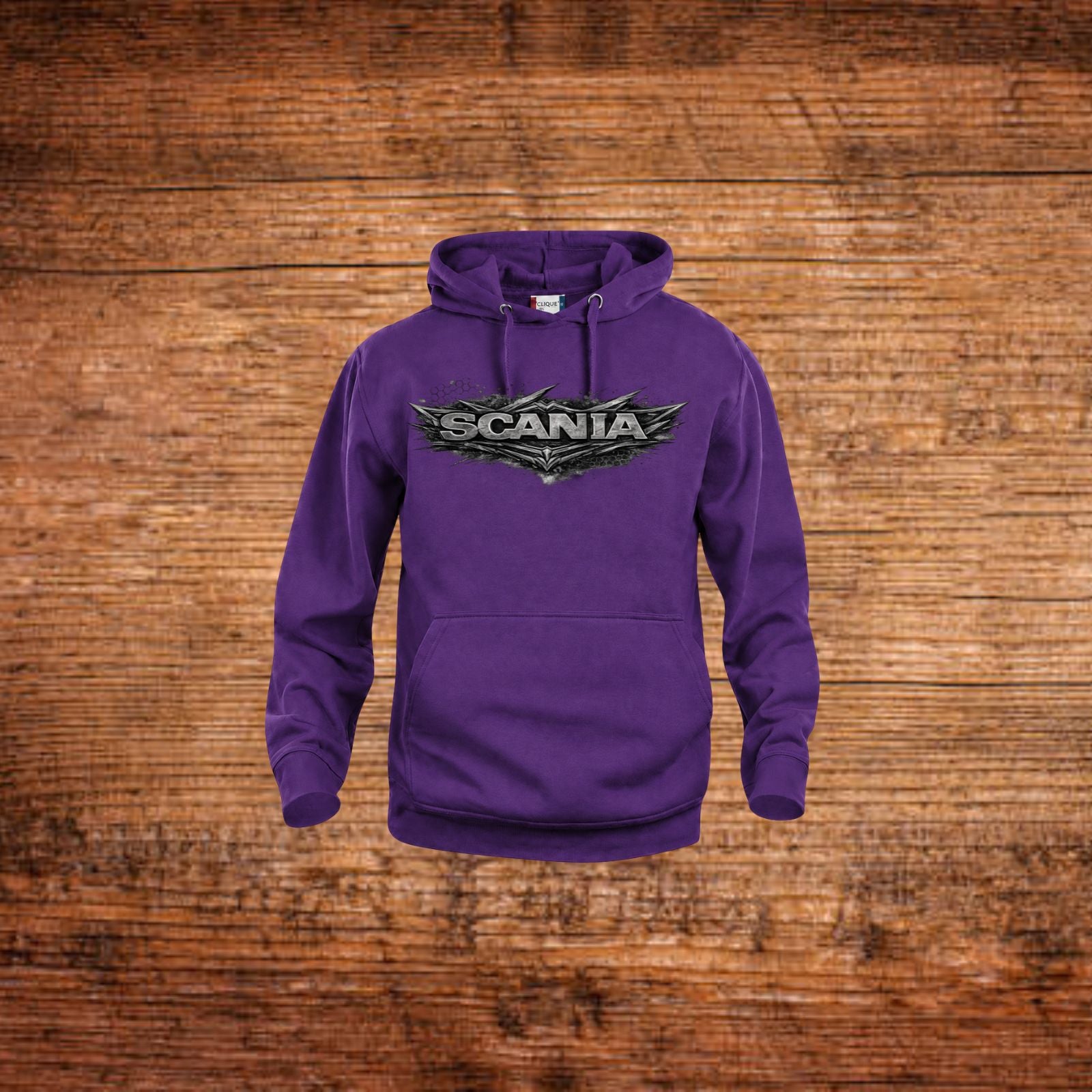 Lila Kapuzenpullover mit SCANIA Frontprint, Kordelzug an der Kapuze