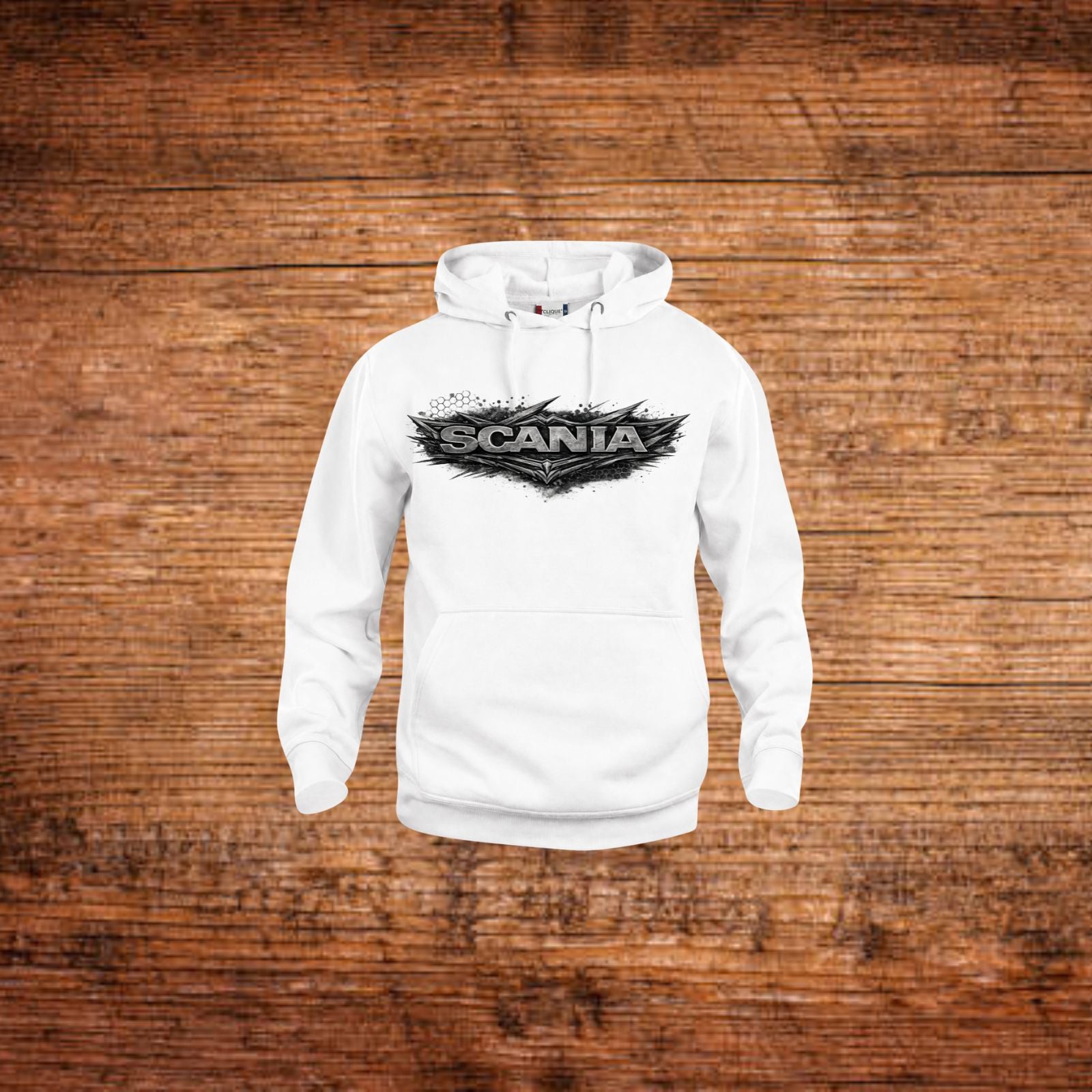 Weißer Kapuzenpullover mit SCANIA Frontprint und Kordelzug an der Kapuze