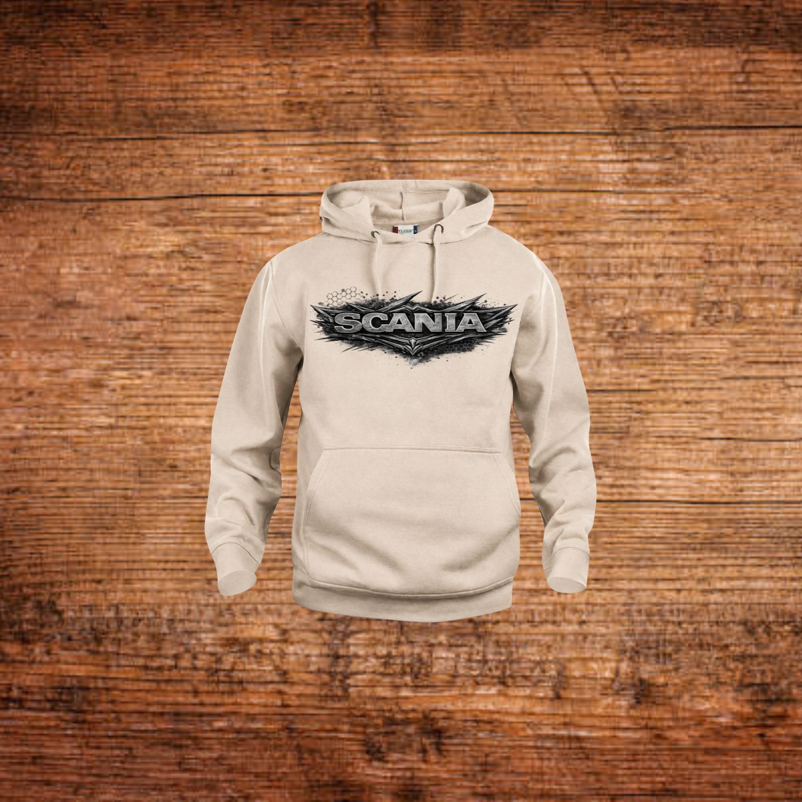 Beiger Kapuzenpullover mit SCANIA Frontprint, Kordelzug an der Kapuze
