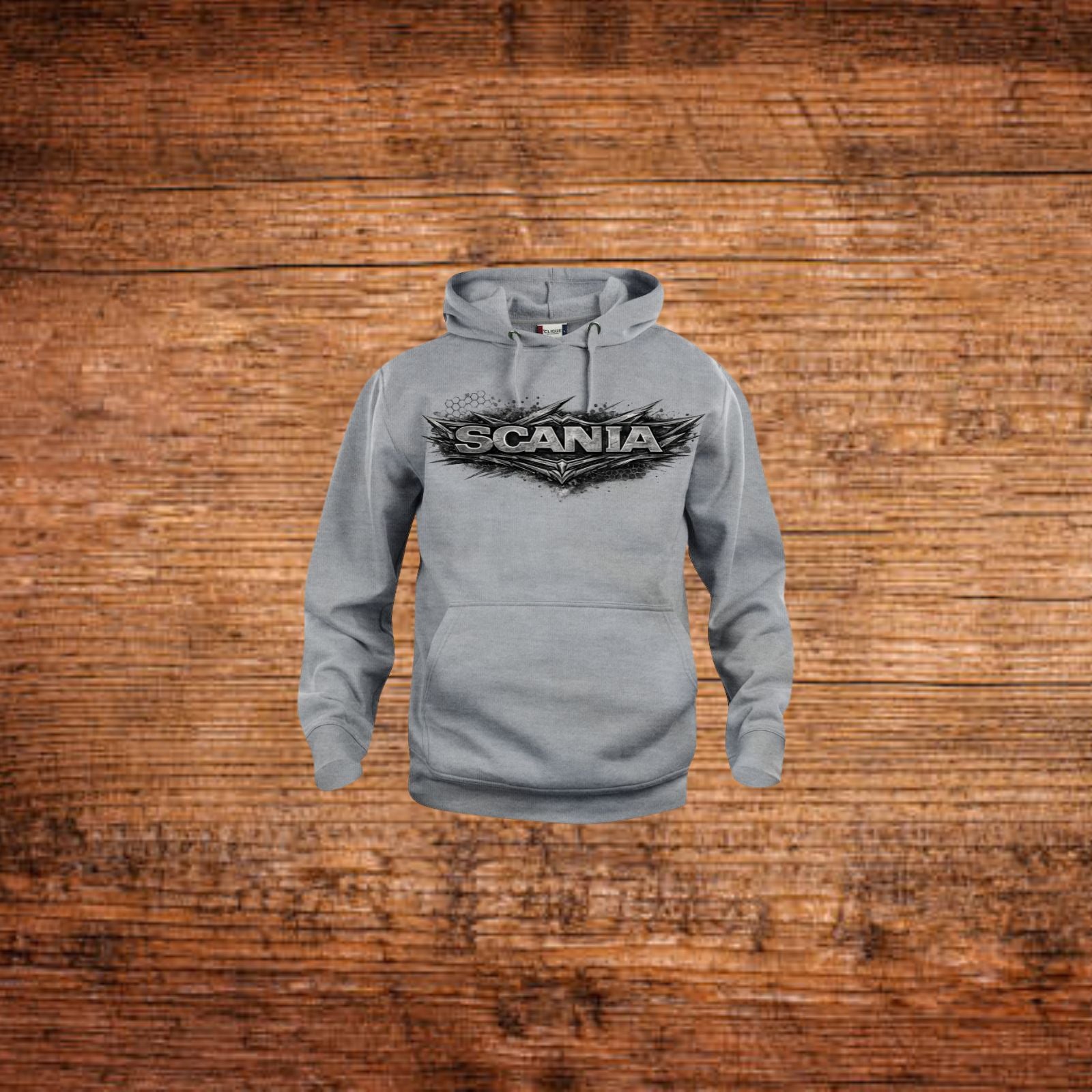 Grauer Kapuzenpullover mit SCANIA Frontprint und Kordelzug an der Kapuze