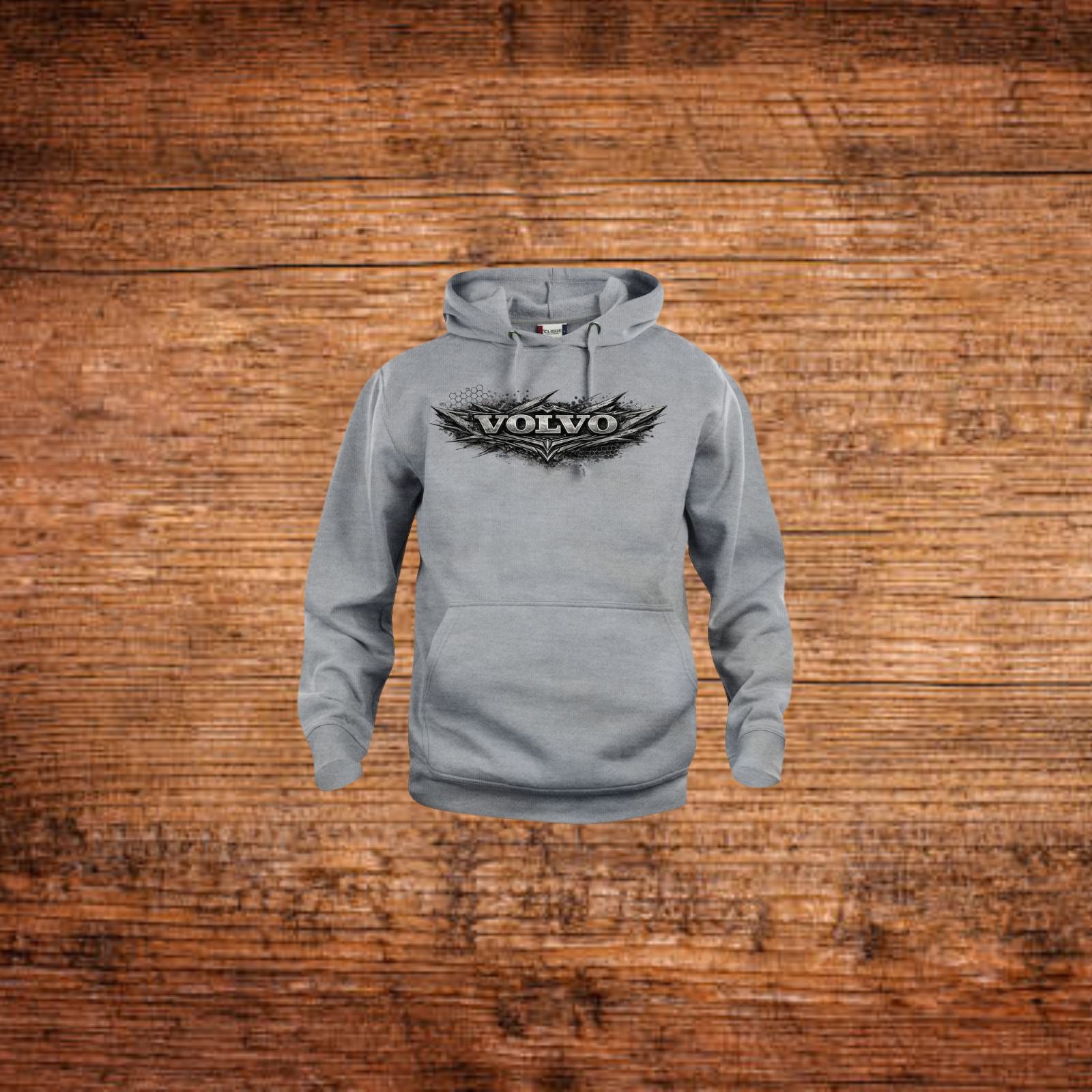 Grau melierter Hoodie mit Kapuze, Kängurutasche und VOLVO-Logo