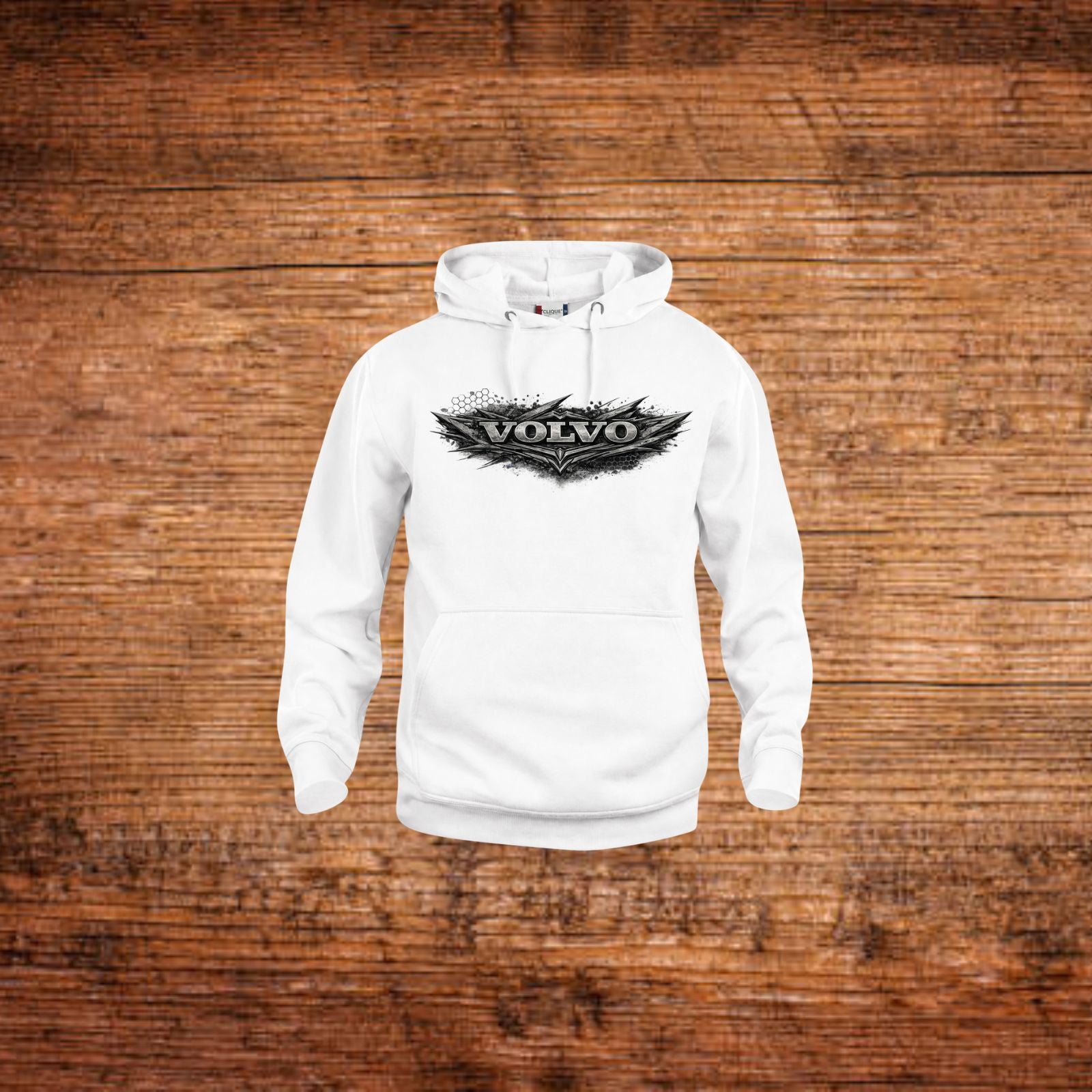 Weißer Hoodie mit Kapuze, Kängurutasche und VOLVO-Logo