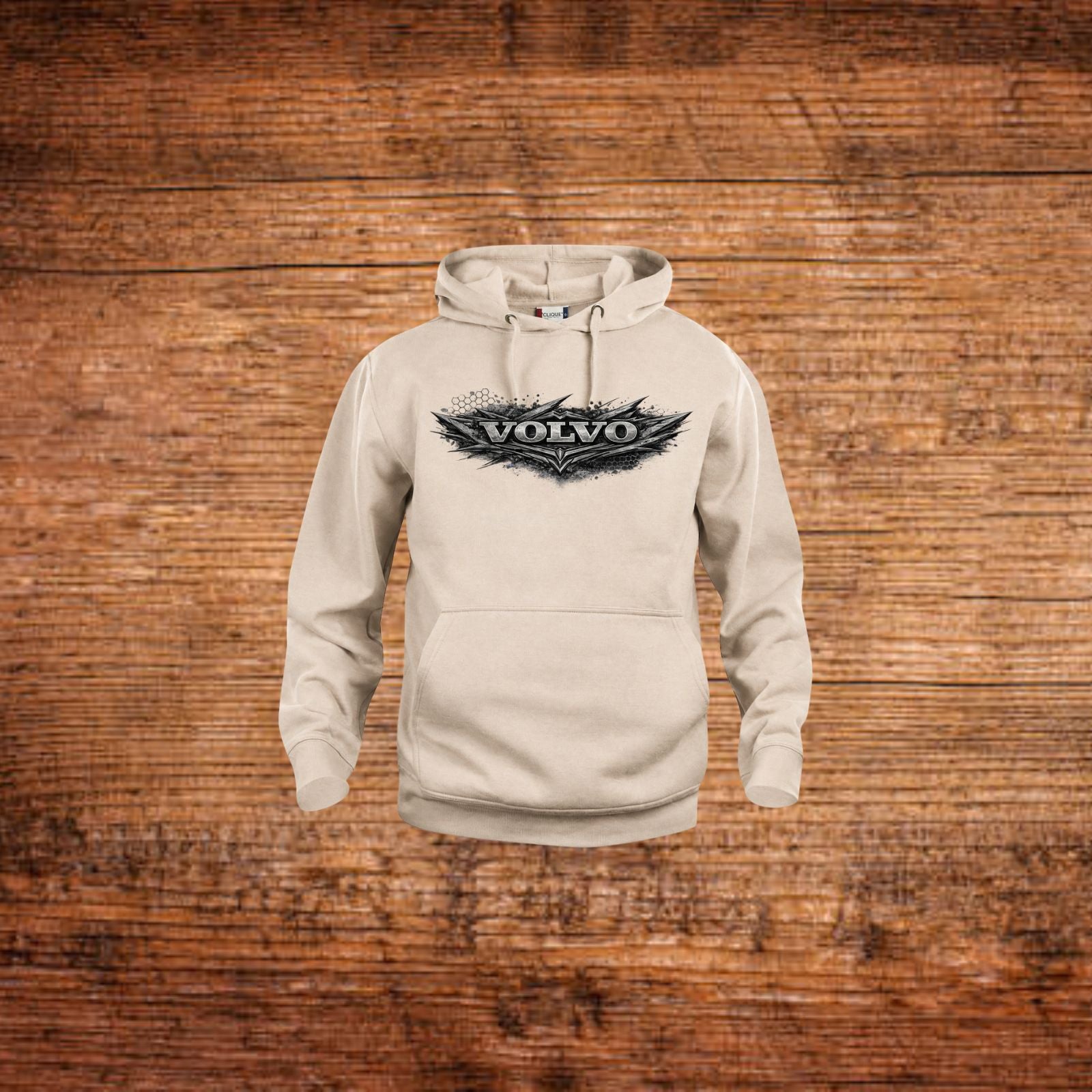 Beiger Hoodie mit Kapuze, Kängurutasche und VOLVO-Logo
