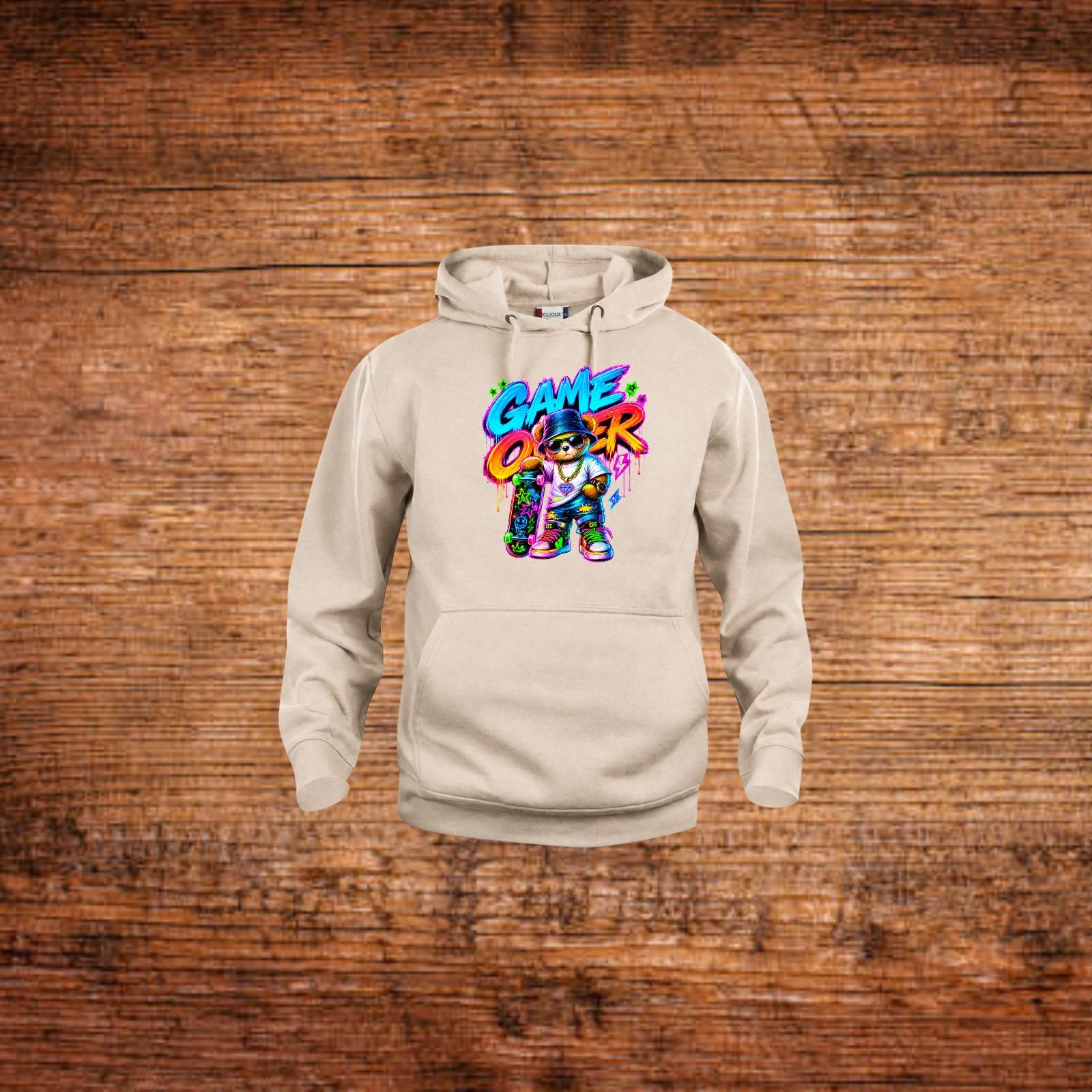 Kapuzenpullover beige mit Neon-Game-Design und Bär auf der Vorderseite