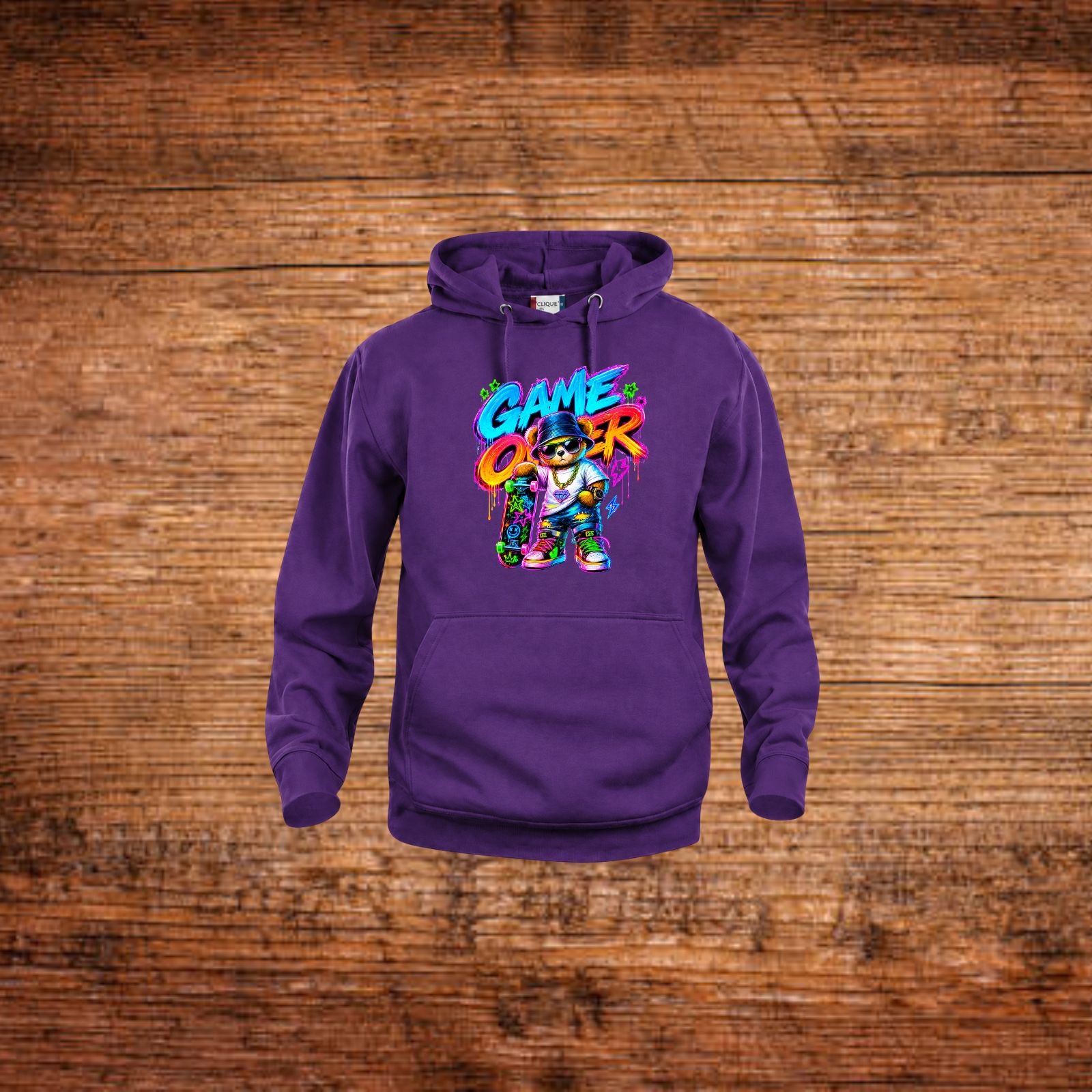 Kapuzenpullover lila mit Neon-Game-Design und Bär auf der Vorderseite