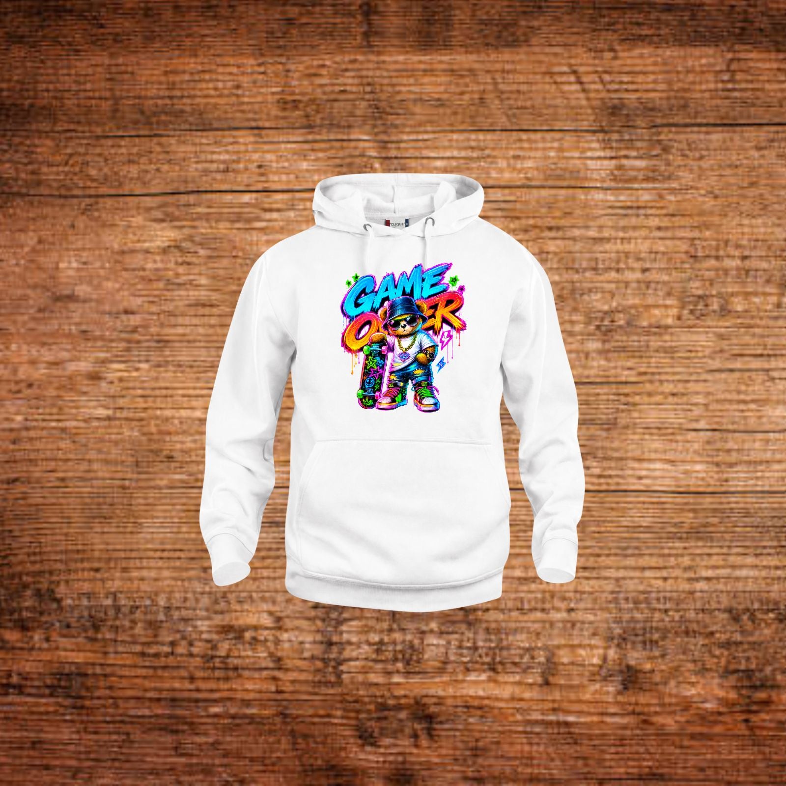Kapuzenpullover weiß mit Neon-Game-Design und Bär vorn, Kängurutasche