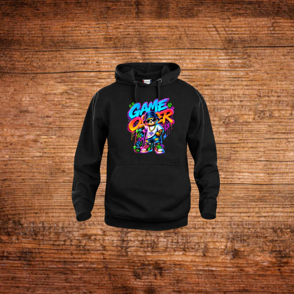 Kapuzenpullover schwarz mit Neon-Game-Design und Bär auf Brust, Kängurutasche