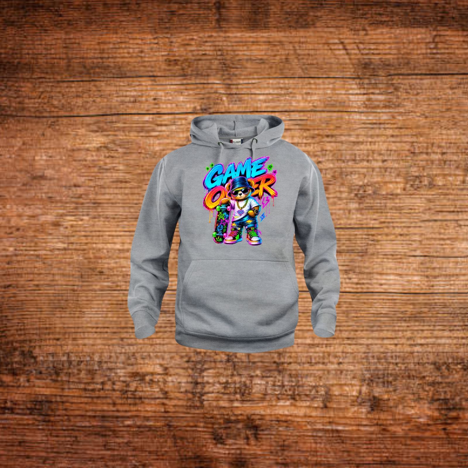 Kapuzenpullover grau mit Neon-Game-Design und Bär auf der Vorderseite