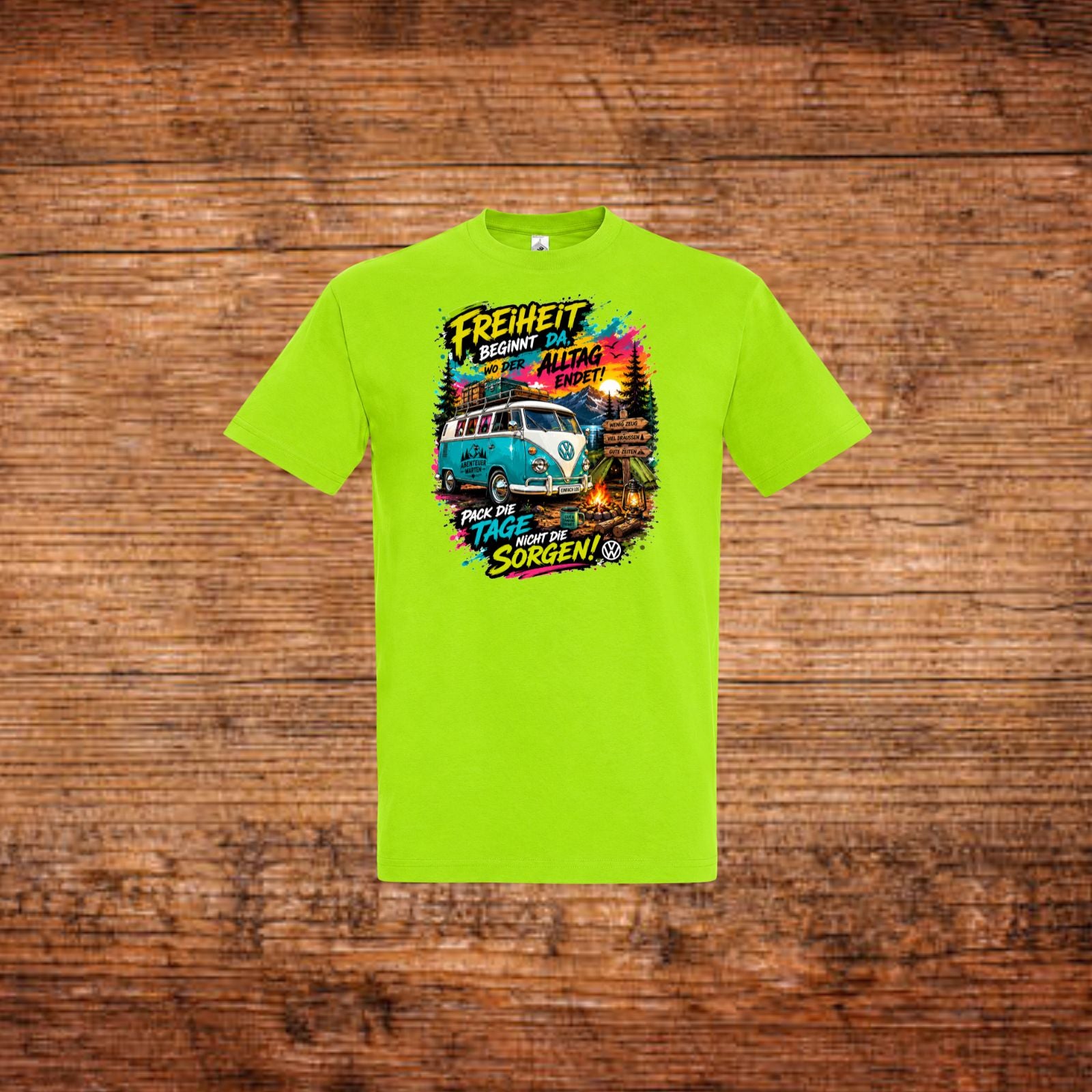 Neon-grünes Camping-T-Shirt mit farbigem Frontdruck