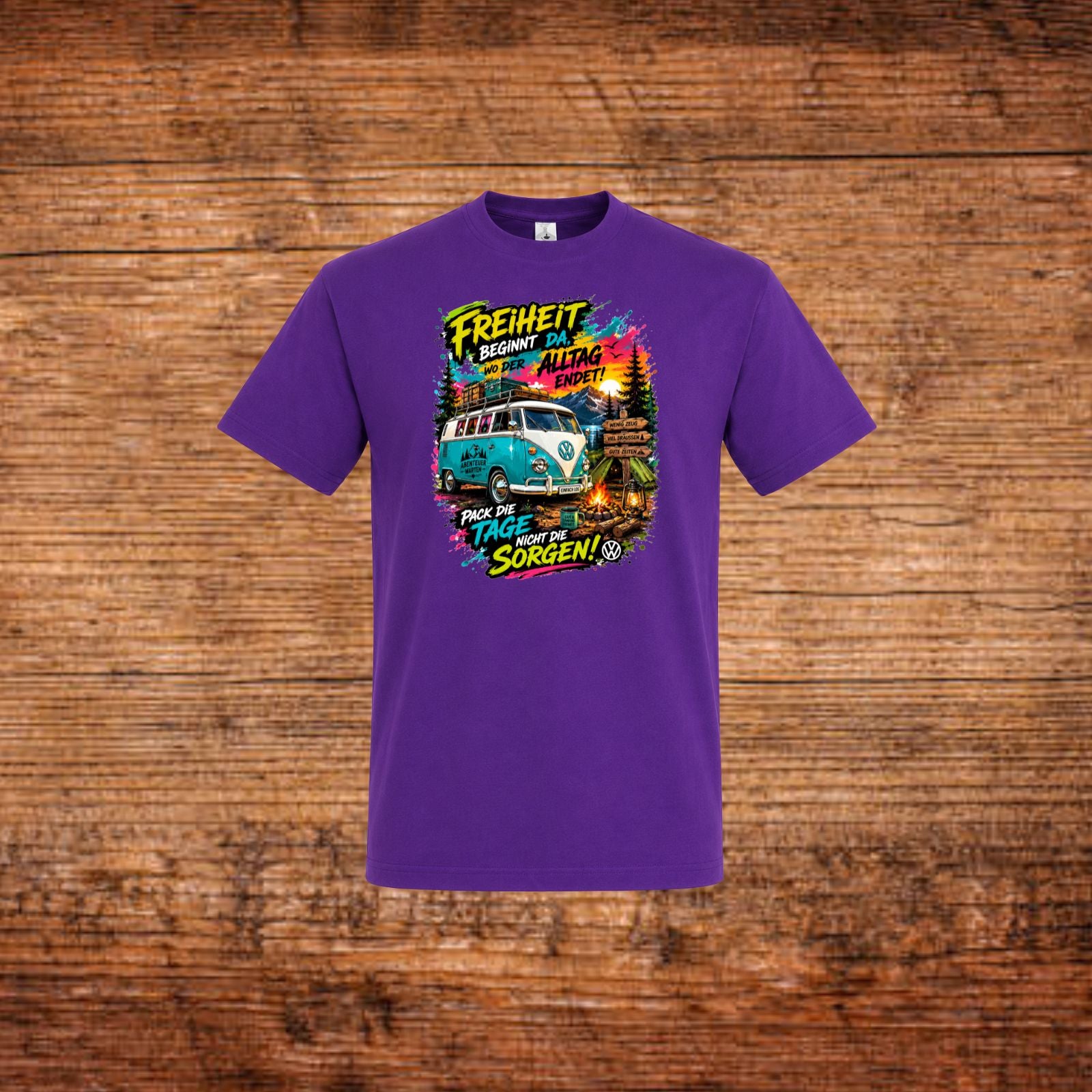 Lila Camping-T-Shirt mit farbigem Frontdruck