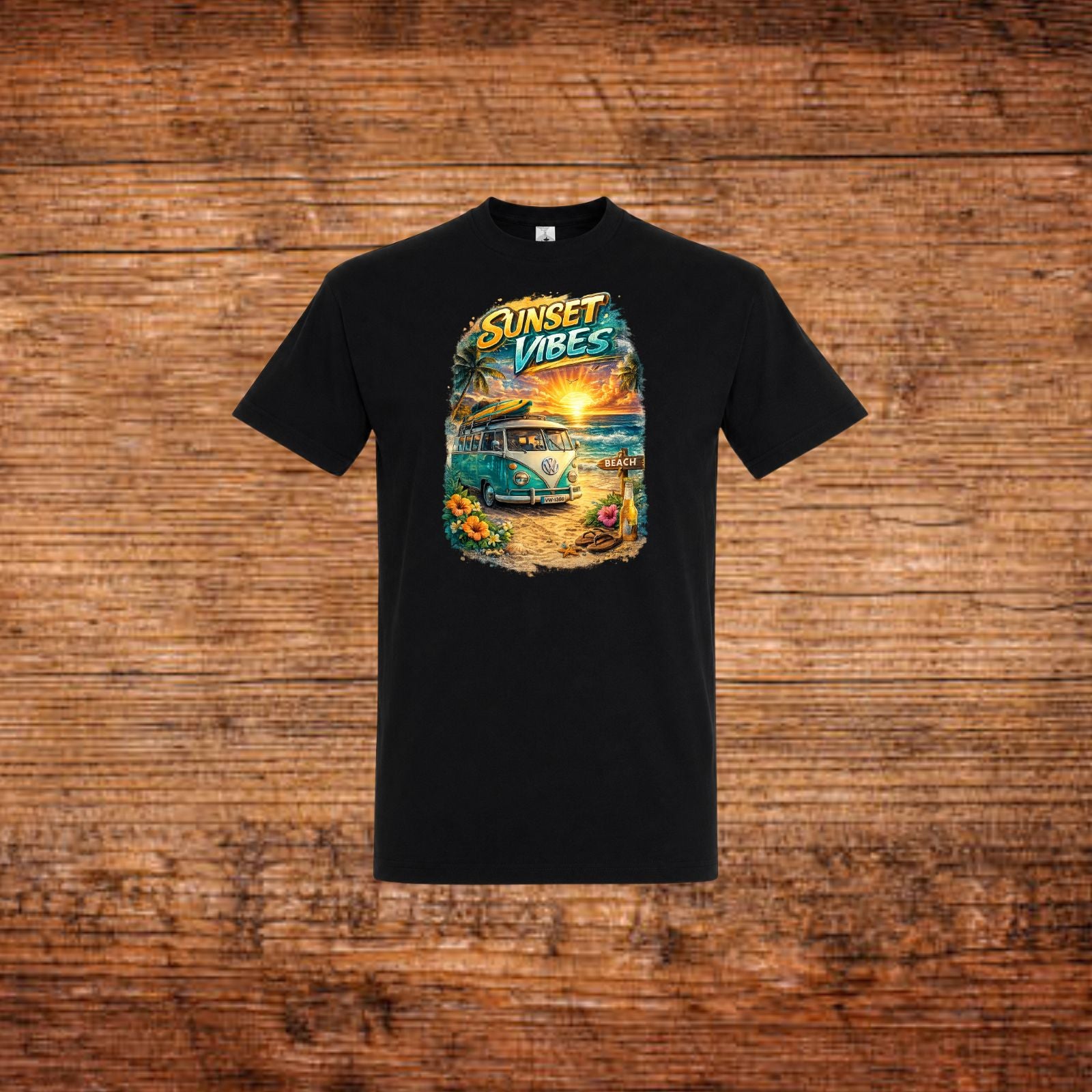 Schwarzes Kurzarm-T-Shirt mit Rundhalsausschnitt und großem „SUNSET VIBES“-Grafikprint.