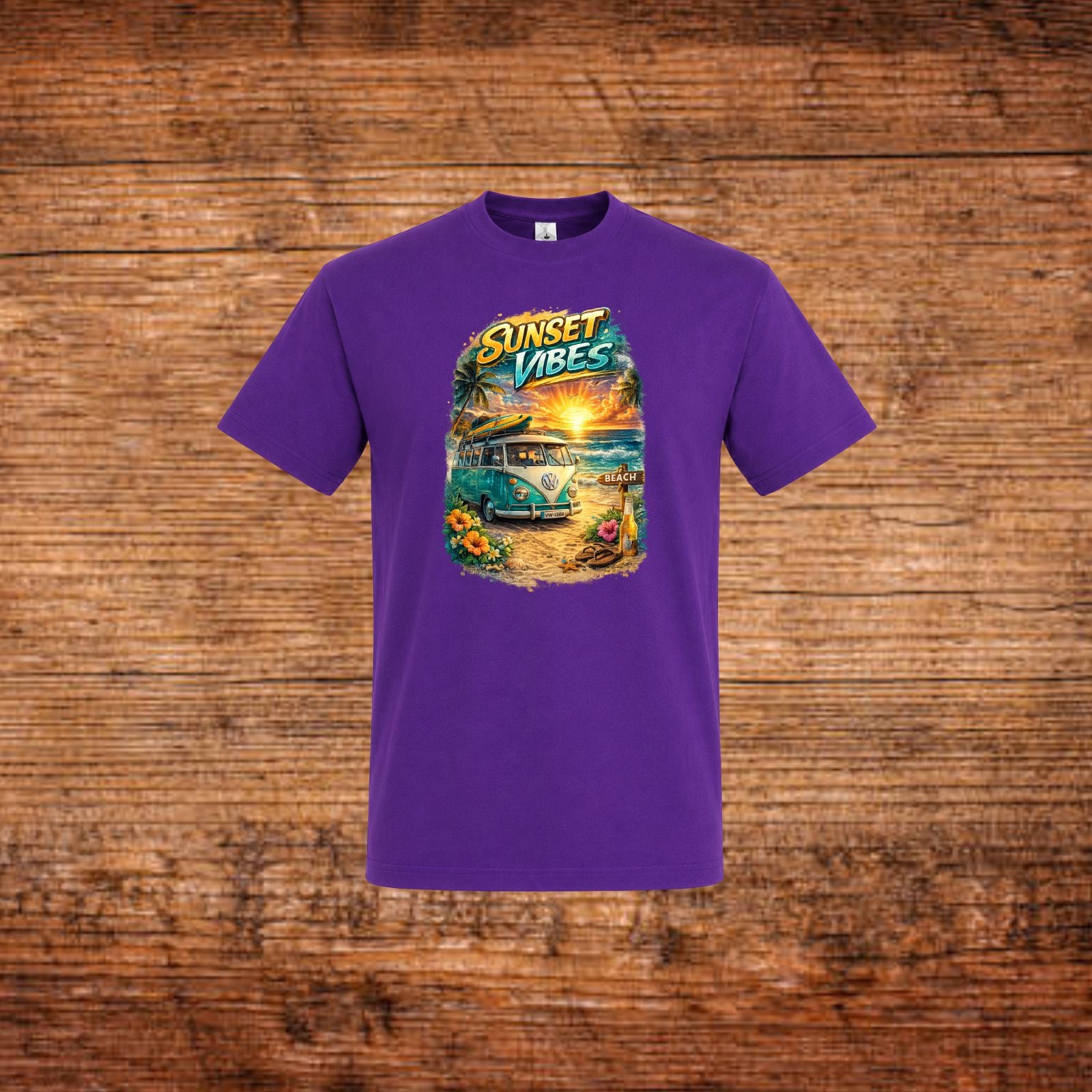 Lila Kurzarm-T-Shirt mit Rundhalsausschnitt und großem „SUNSET VIBES“-Grafikprint.