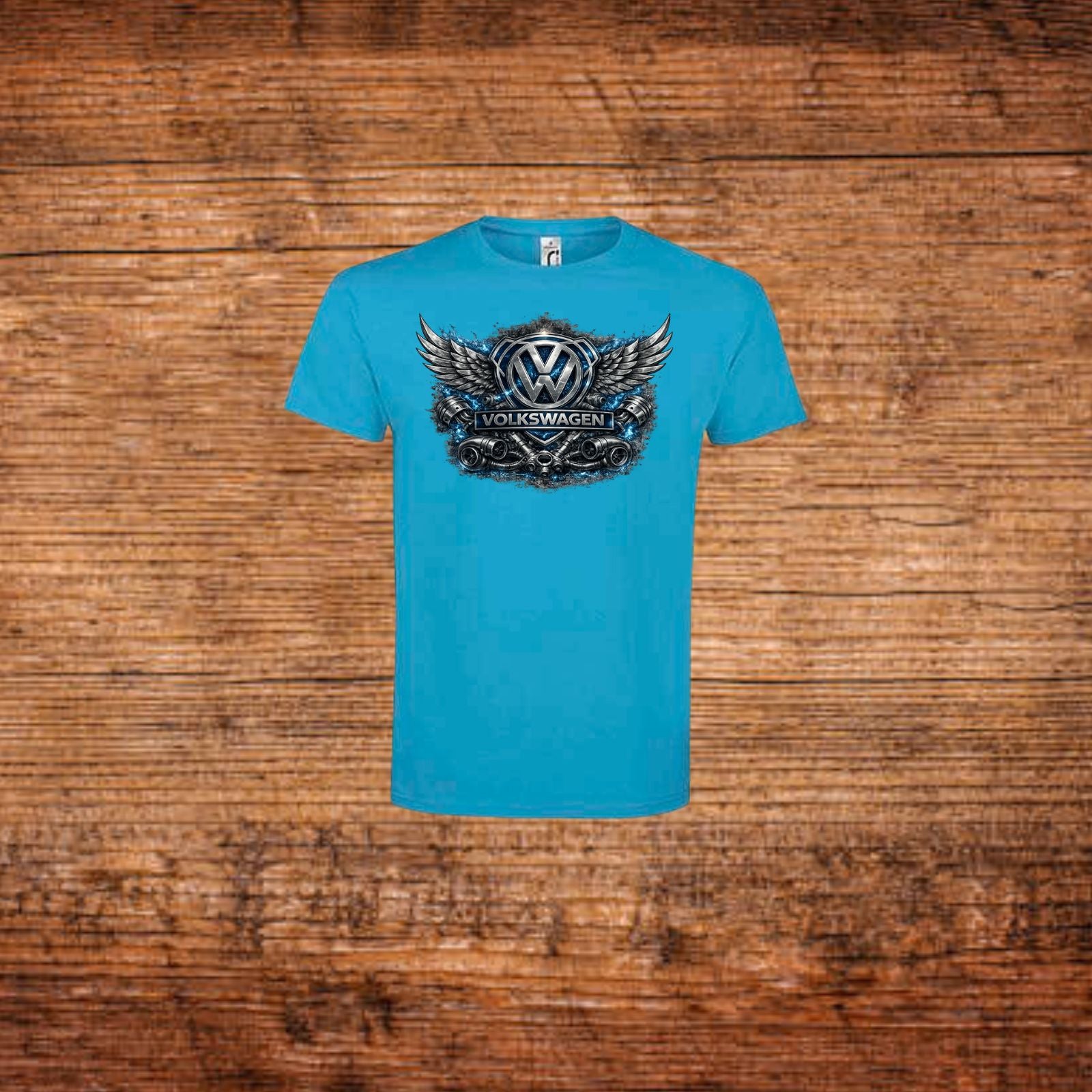 Blaues Volkswagen T‑Shirt mit Flügel-Emblem und Frontprint