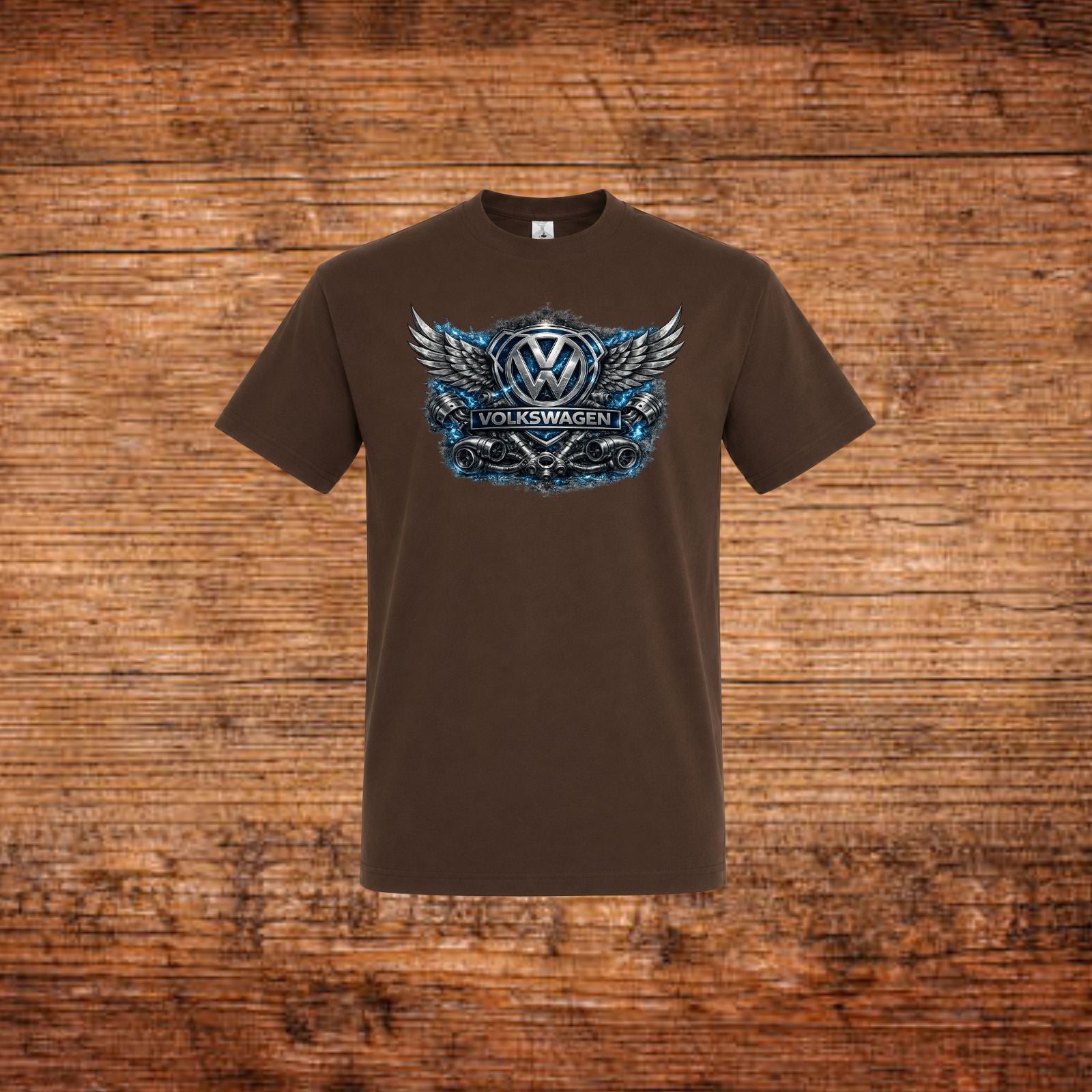 Braunes Volkswagen T‑Shirt mit Flügel-Emblem und Frontprint
