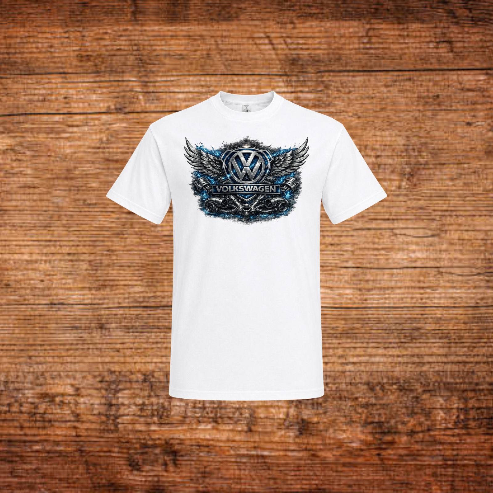 Weißes Volkswagen T‑Shirt mit Flügel-Emblem und Frontprint