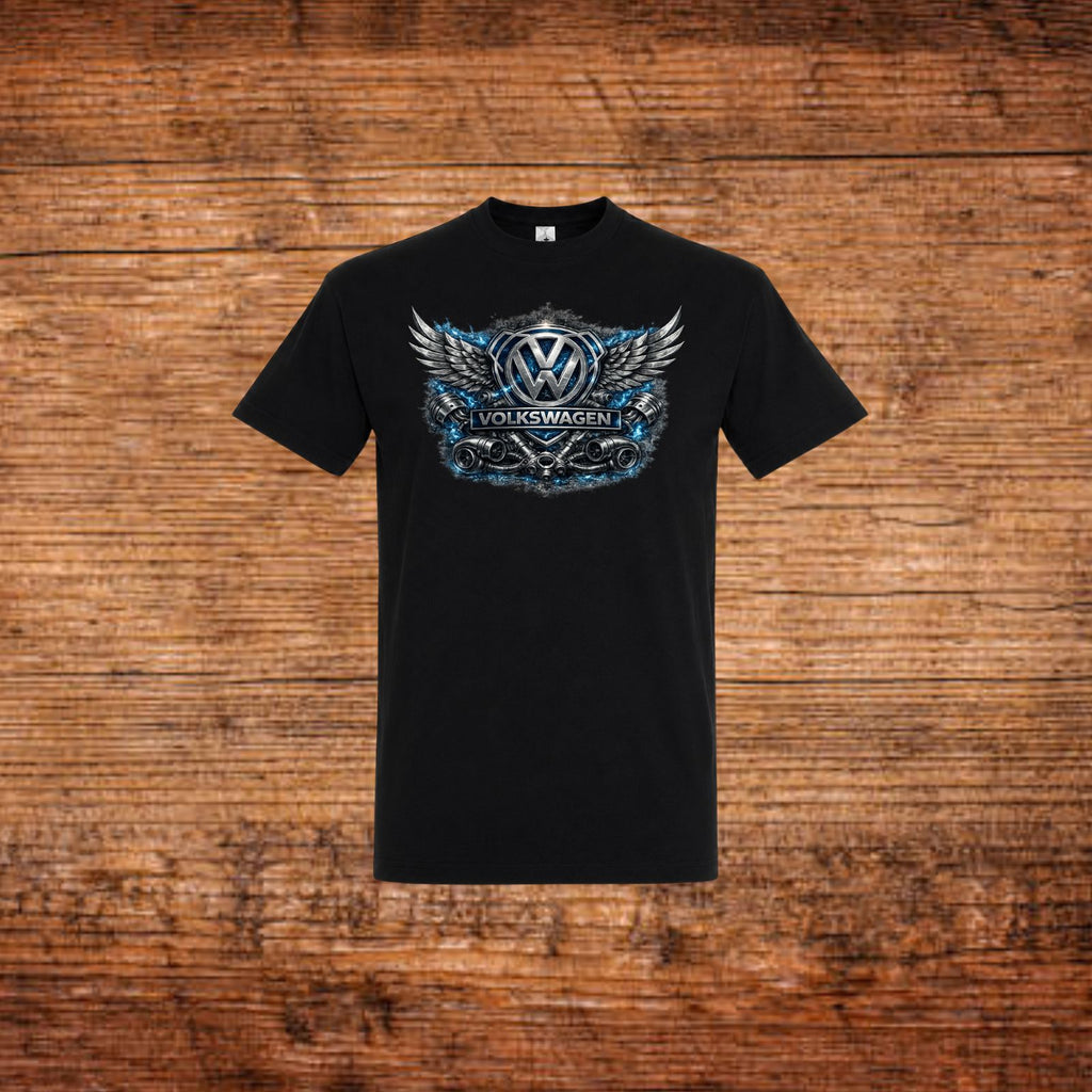 Schwarzes Volkswagen T‑Shirt mit Flügel-Emblem und Frontprint