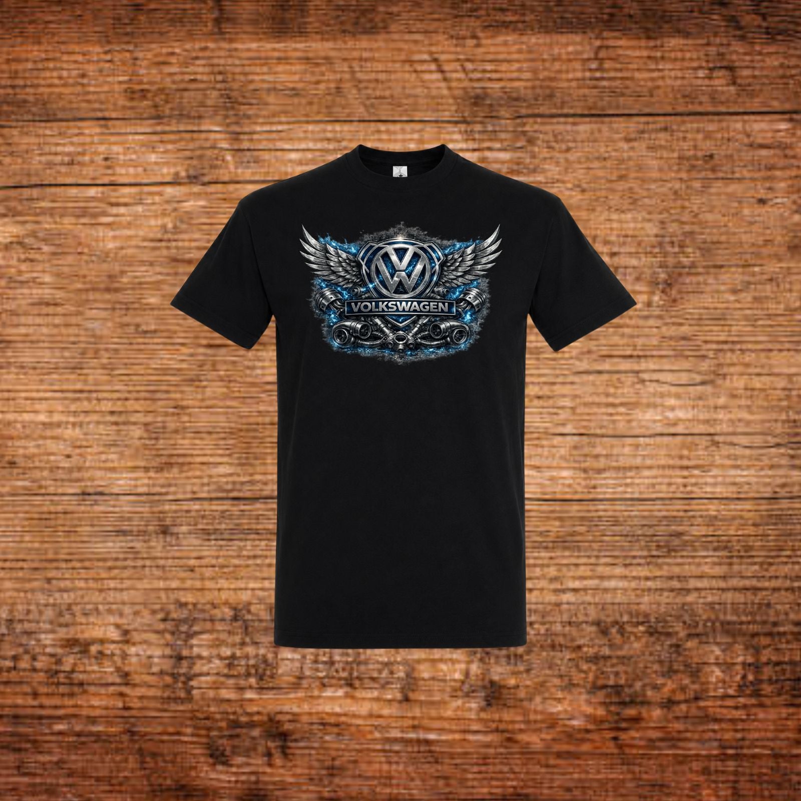 Schwarzes Volkswagen T‑Shirt mit Flügel-Emblem und Frontprint
