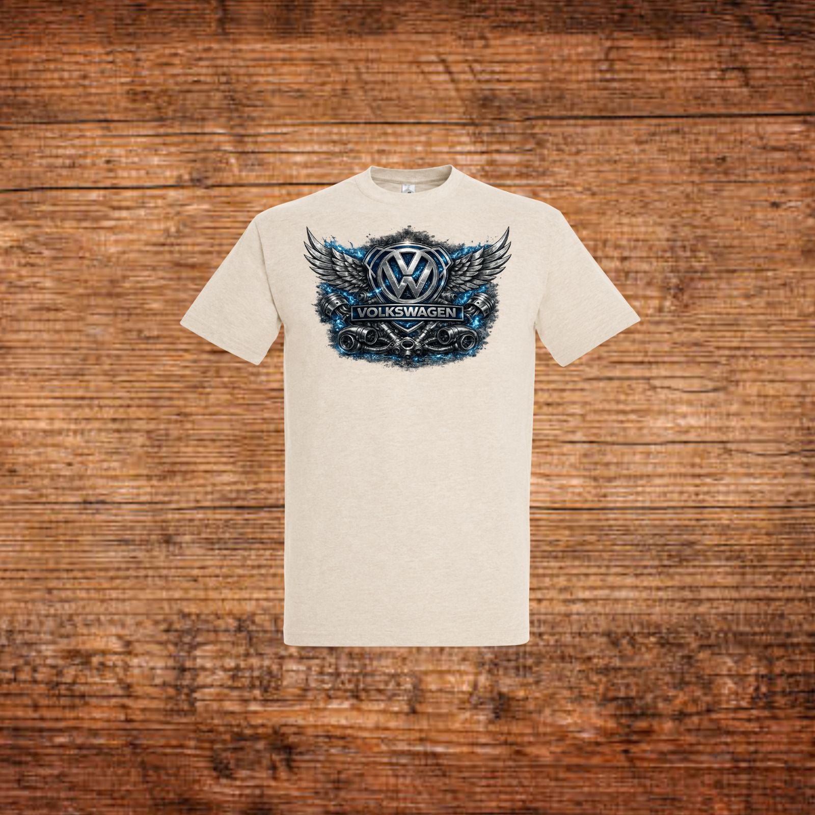 Beiges Volkswagen T‑Shirt mit Flügel-Emblem und Frontprint
