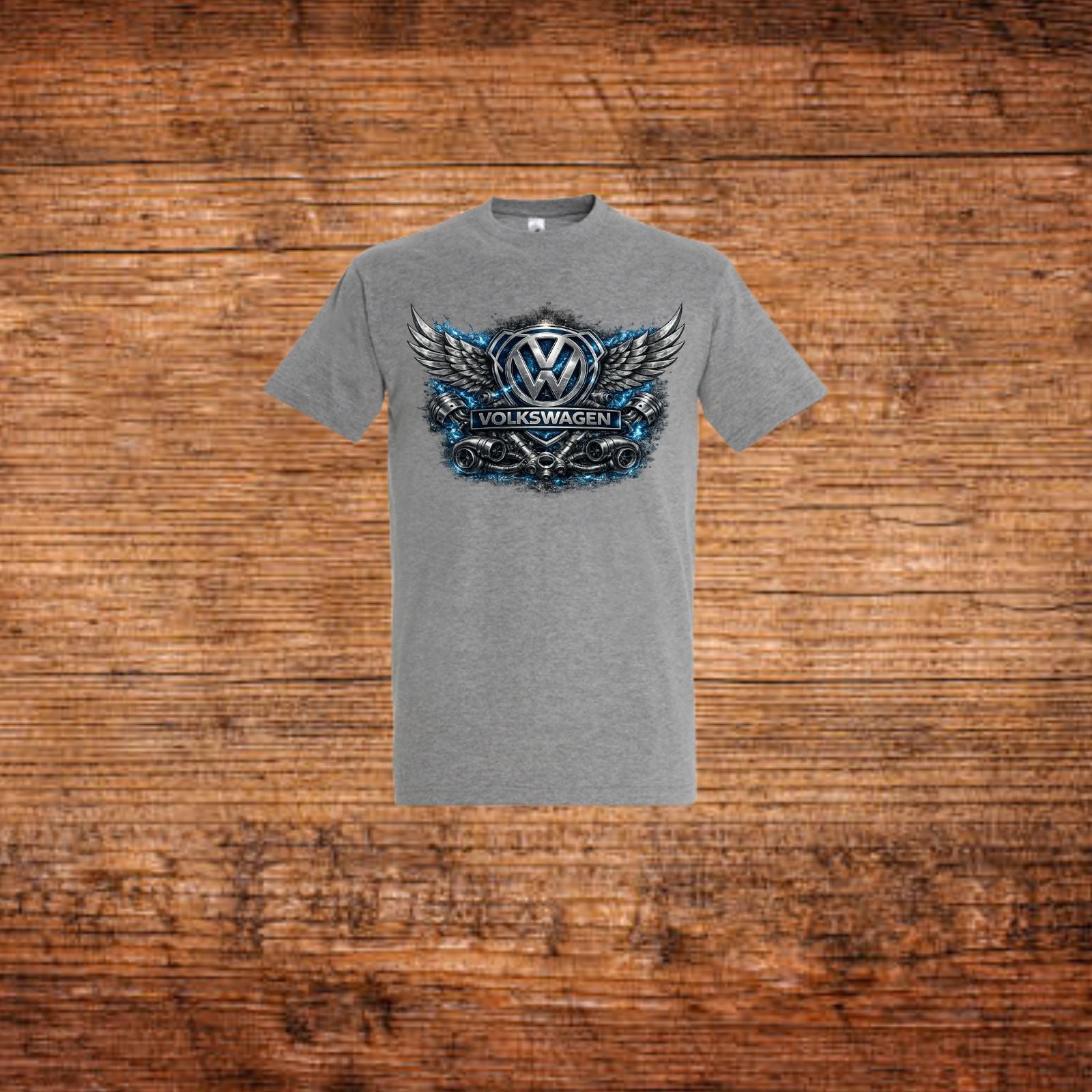 Graues Volkswagen T‑Shirt mit Flügel-Emblem und Frontprint