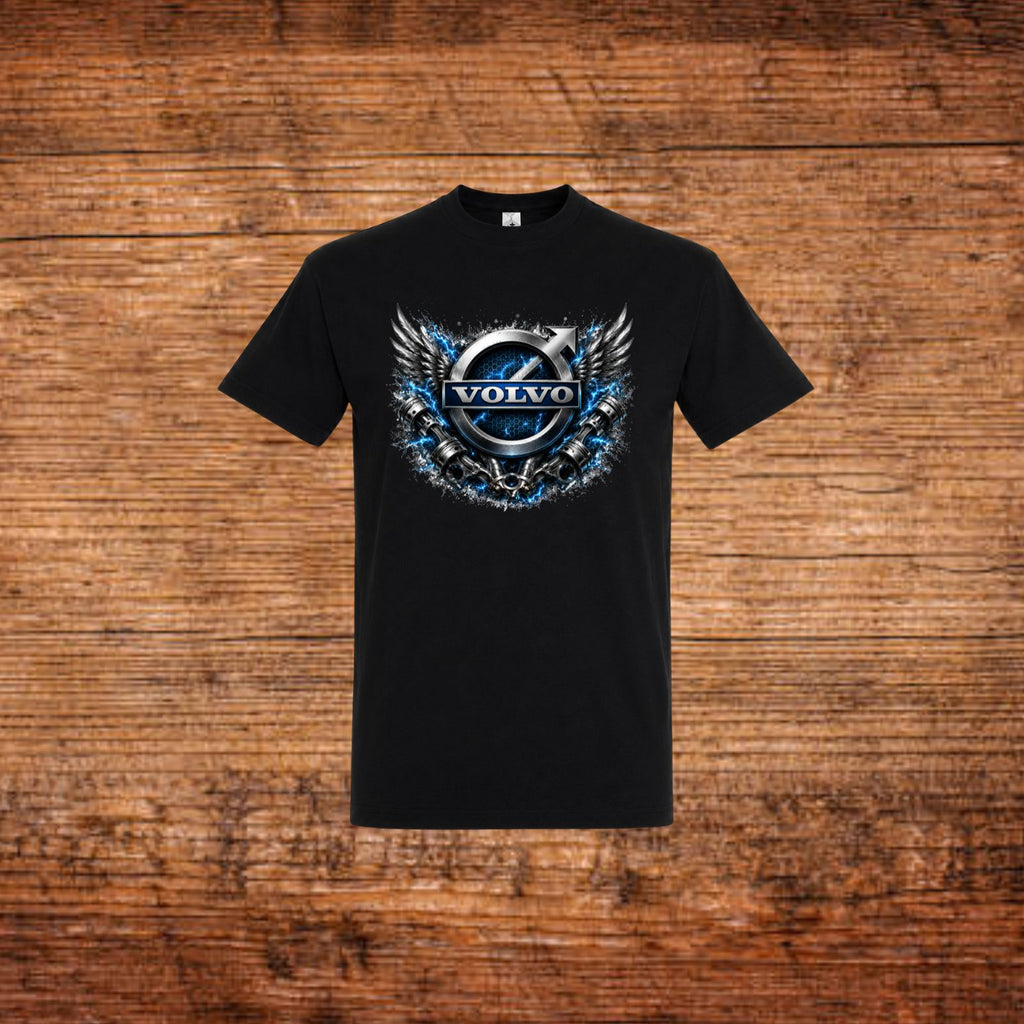 Schwarzes T‑Shirt mit Volvo-Emblem und Flügelmotiv auf der Brust