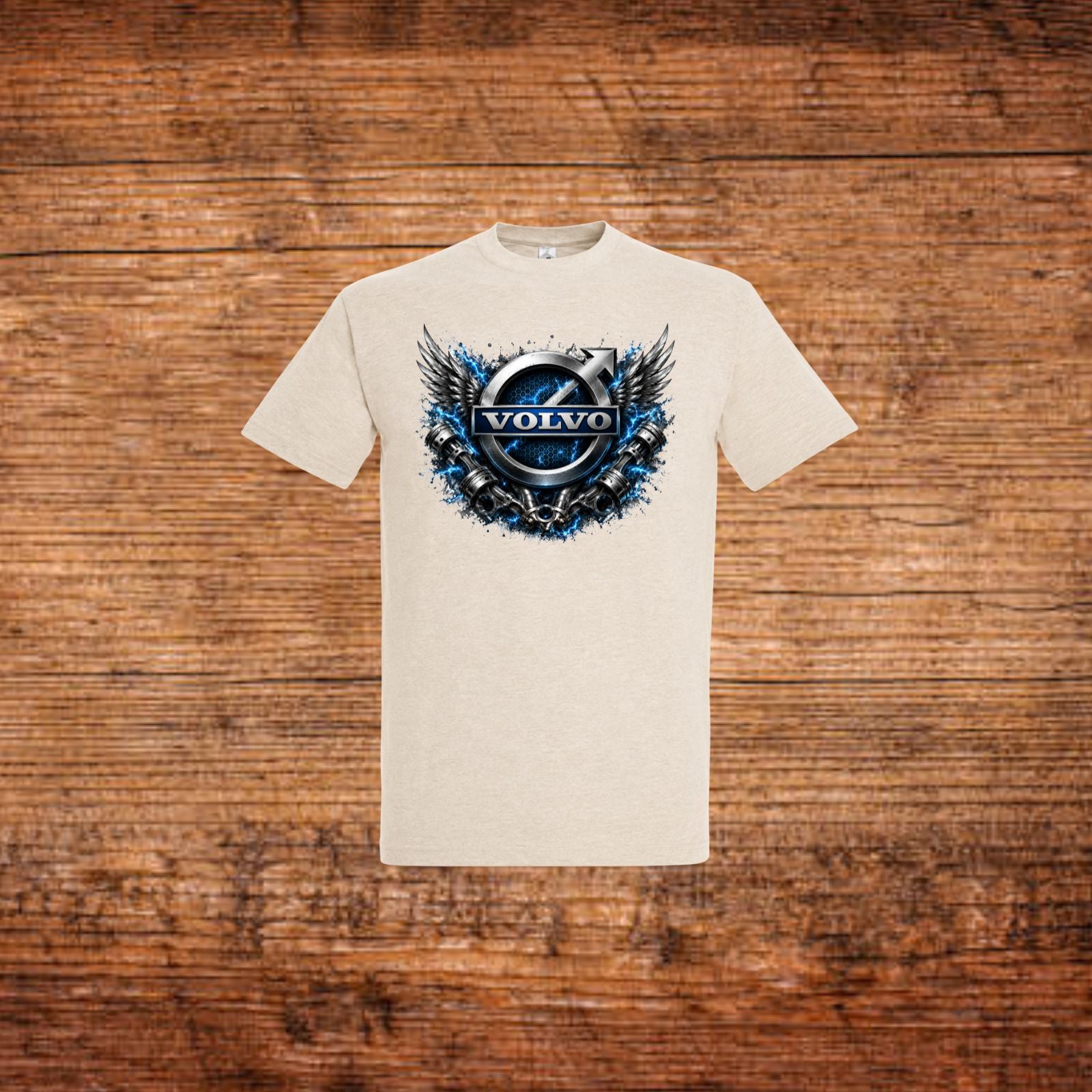 Beiges T‑Shirt mit Volvo-Emblem und Flügelmotiv auf der Brust