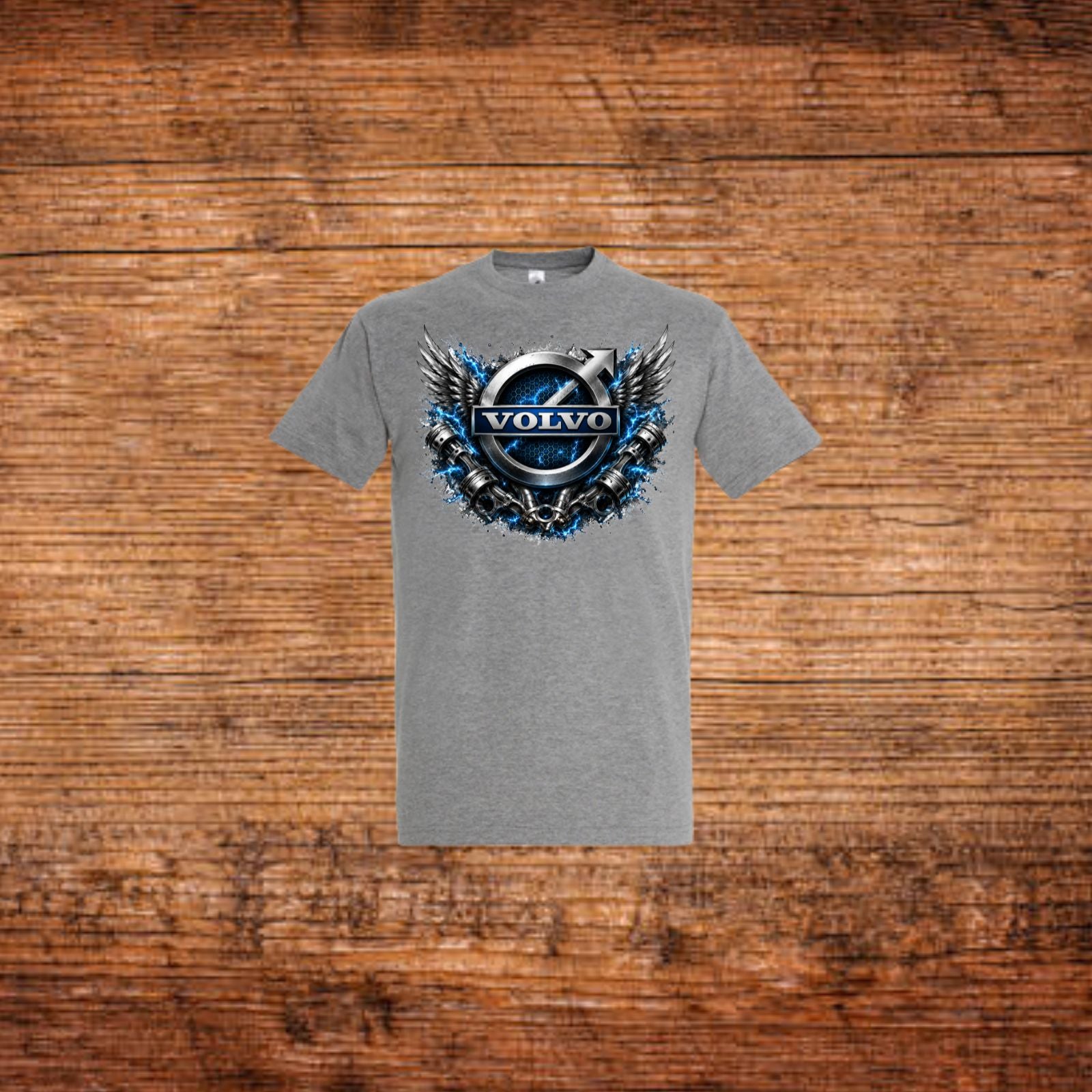 Graues T‑Shirt mit Volvo-Emblem und Flügelmotiv auf der Brust