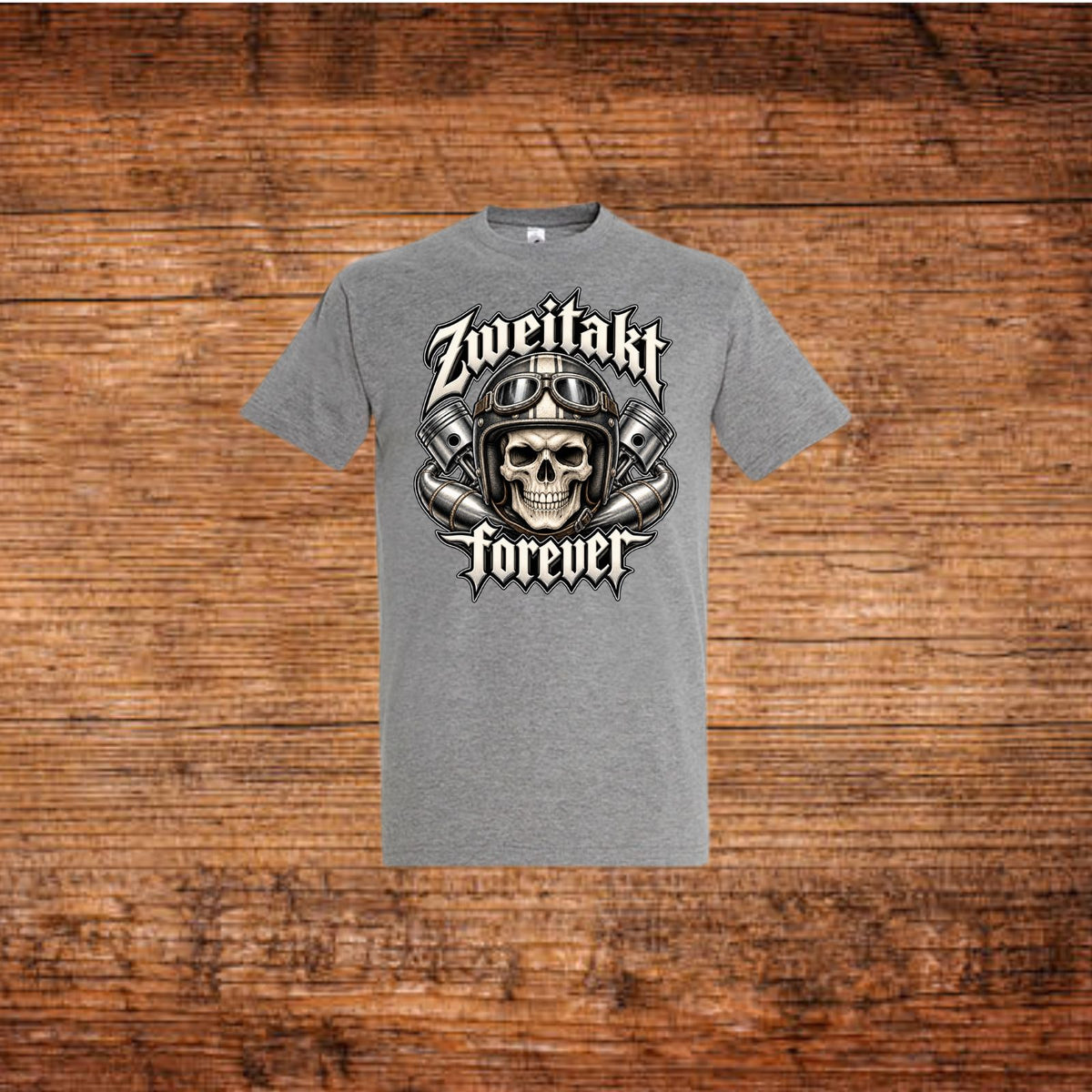 Graues T-Shirt mit Zweitakt Forever Totenkopf-Helm-Frontprint