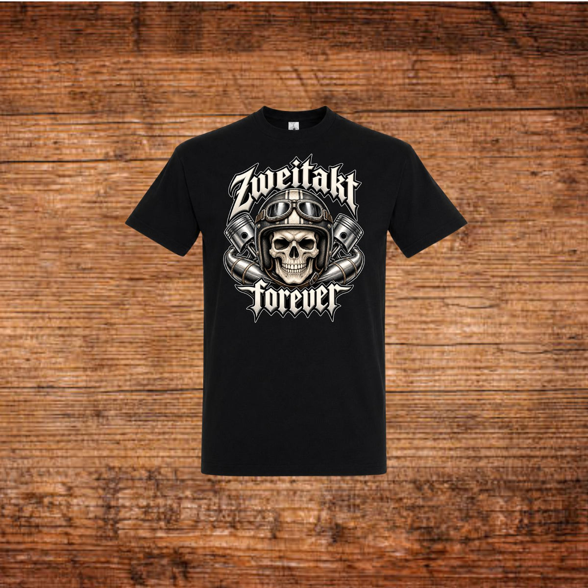 Schwarzes T-Shirt mit Zweitakt Forever Totenkopf-Helm-Frontprint