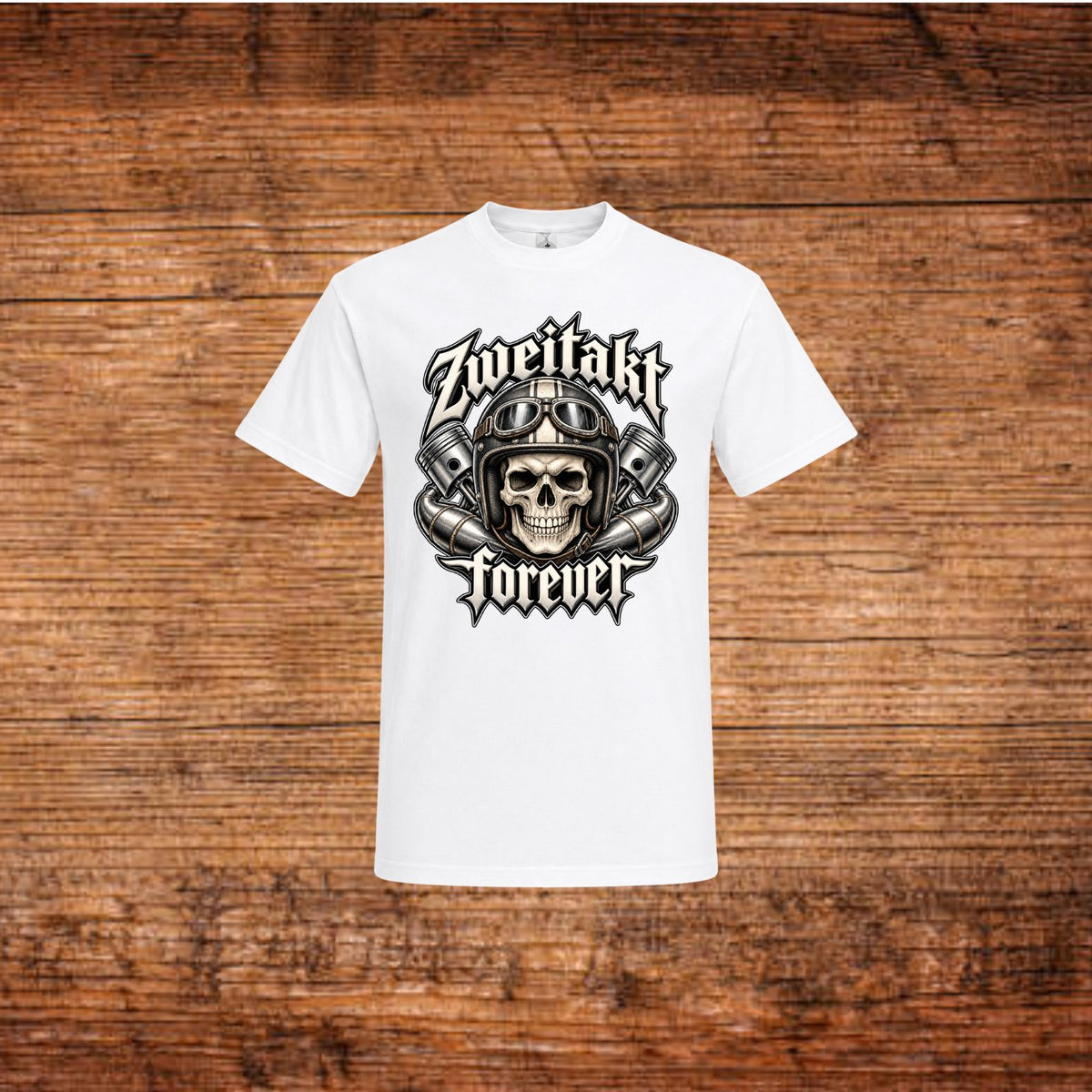 Weißes T-Shirt mit Zweitakt Forever Totenkopf-Helm-Frontmotiv
