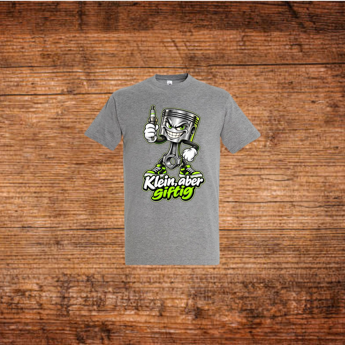 Graues T-Shirt mit Cartoon-Kolben und Aufdruck „Klein, aber giftig“