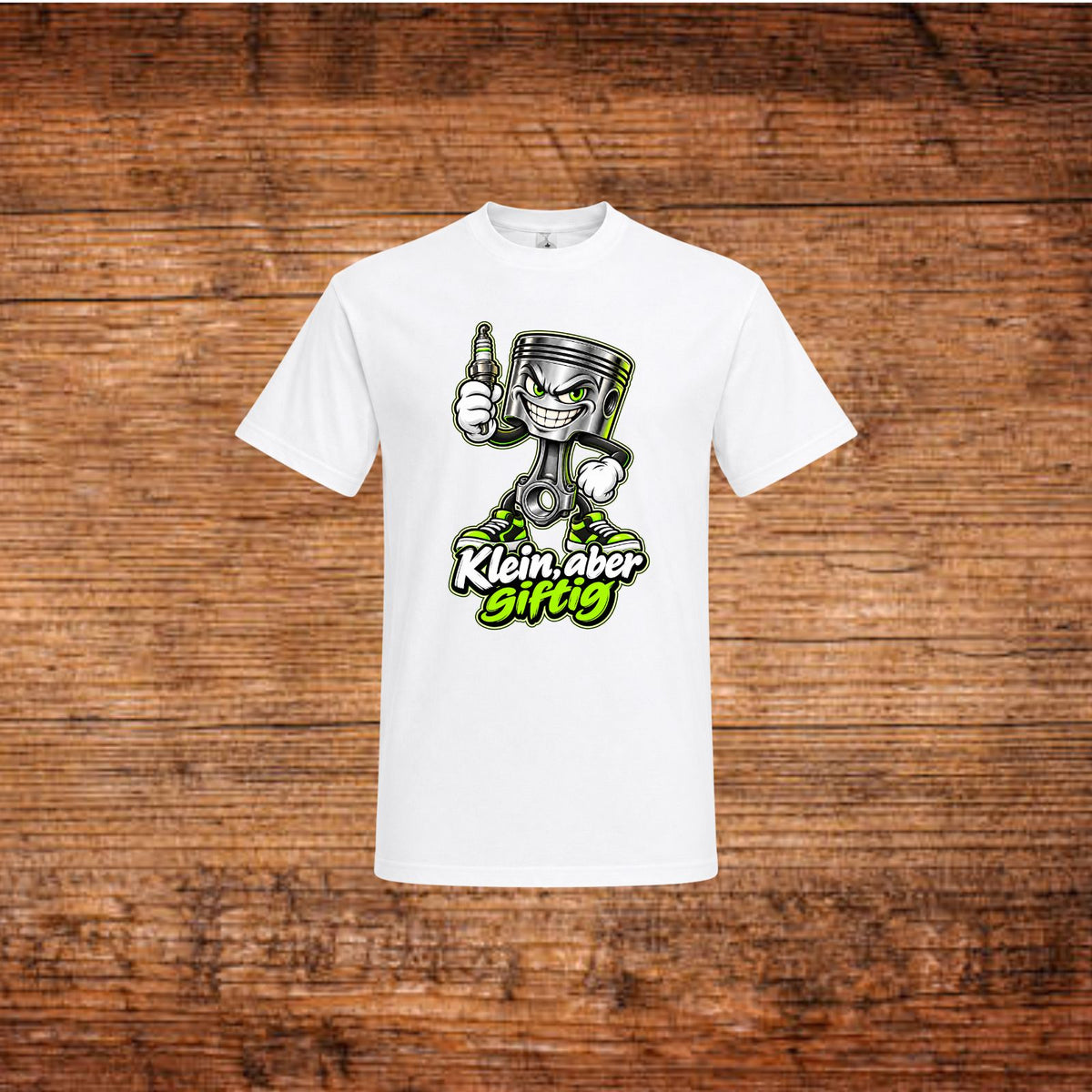 Weißes T-Shirt mit Cartoon-Kolben und grünem „Klein, aber giftig“-Aufdruck