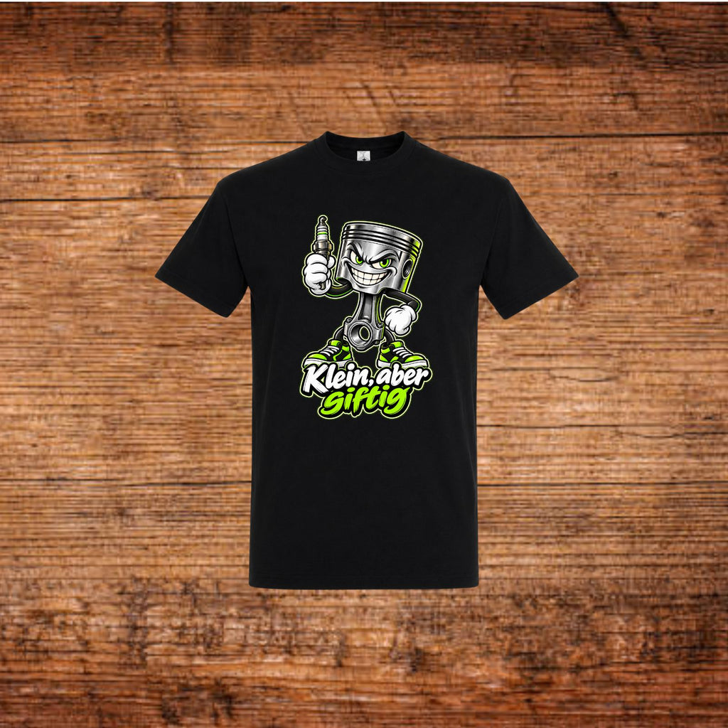 Schwarzes T-Shirt mit Cartoon-Kolben und grünem „Klein, aber giftig“-Aufdruck