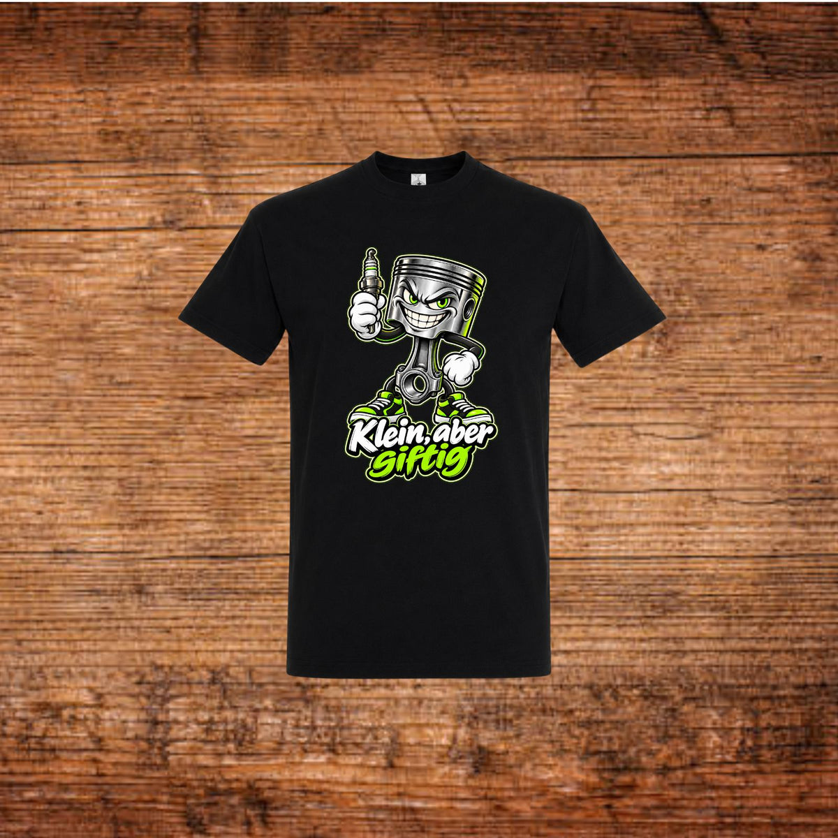 Schwarzes T-Shirt mit Cartoon-Kolben und grünem „Klein, aber giftig“-Aufdruck