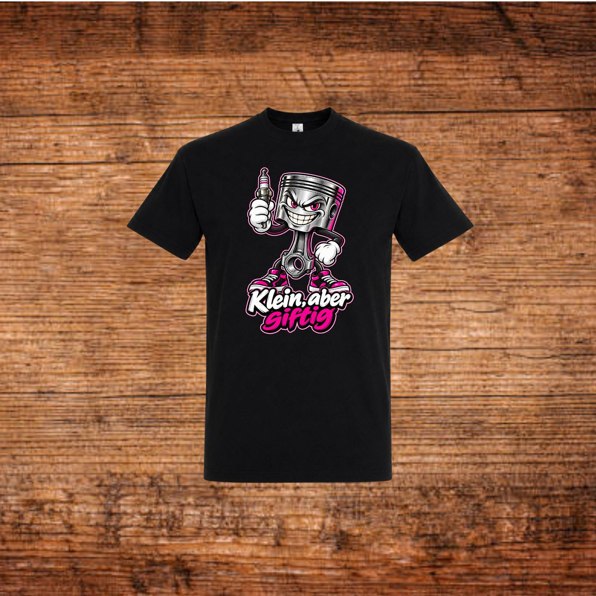 Schwarzes T-Shirt mit Cartoon-Kolben und pinkem „Klein, aber giftig“-Aufdruck