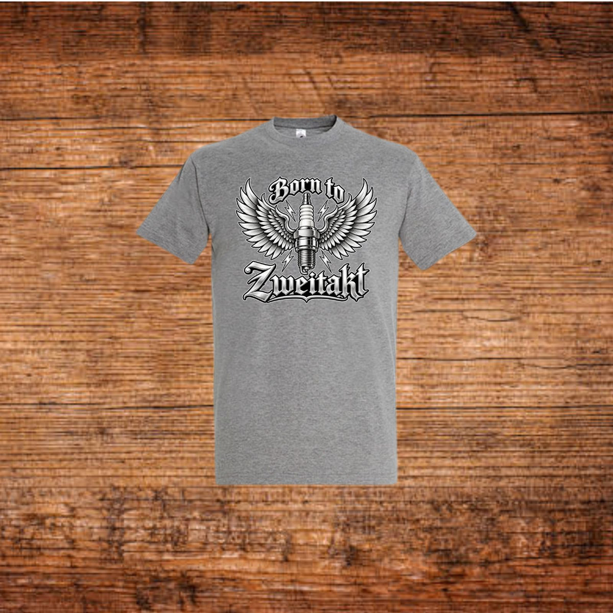 Graues T-Shirt mit Flügeln und Zündkerzen-Grafik, Aufdruck „Born to Zweitakt“