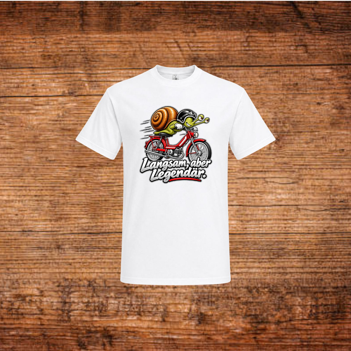 Mofa-T-Shirt in Weiß mit lustigem Schnecken-Print und Motorradmotiv
