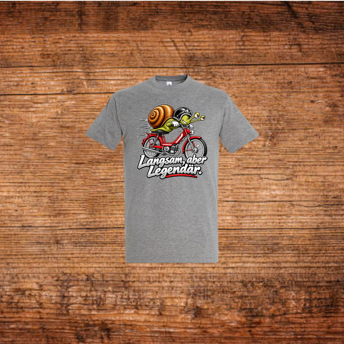 Mofa-T-Shirt in Grau mit Schnecken-Motorrad-Print