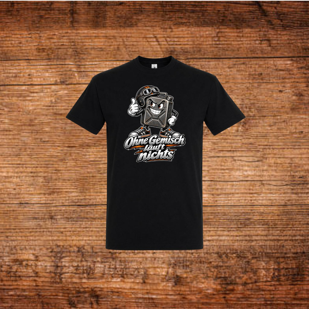 Schwarzes Mofa-T-Shirt mit Benzinkanister-Print vorn