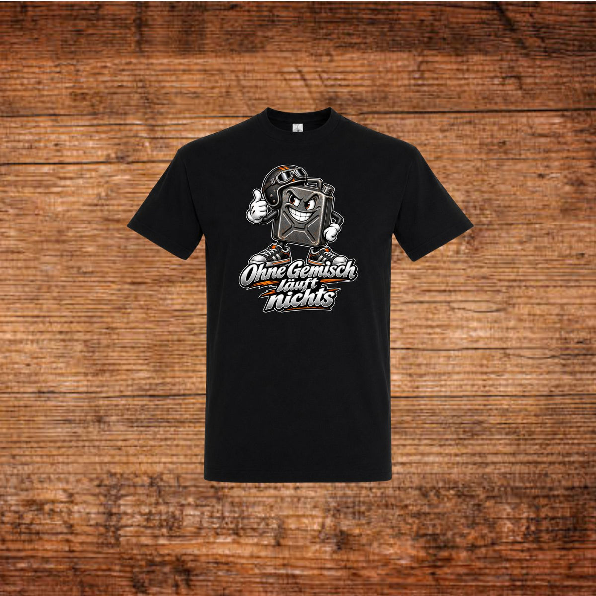 Schwarzes Mofa-T-Shirt mit Benzinkanister-Print vorn