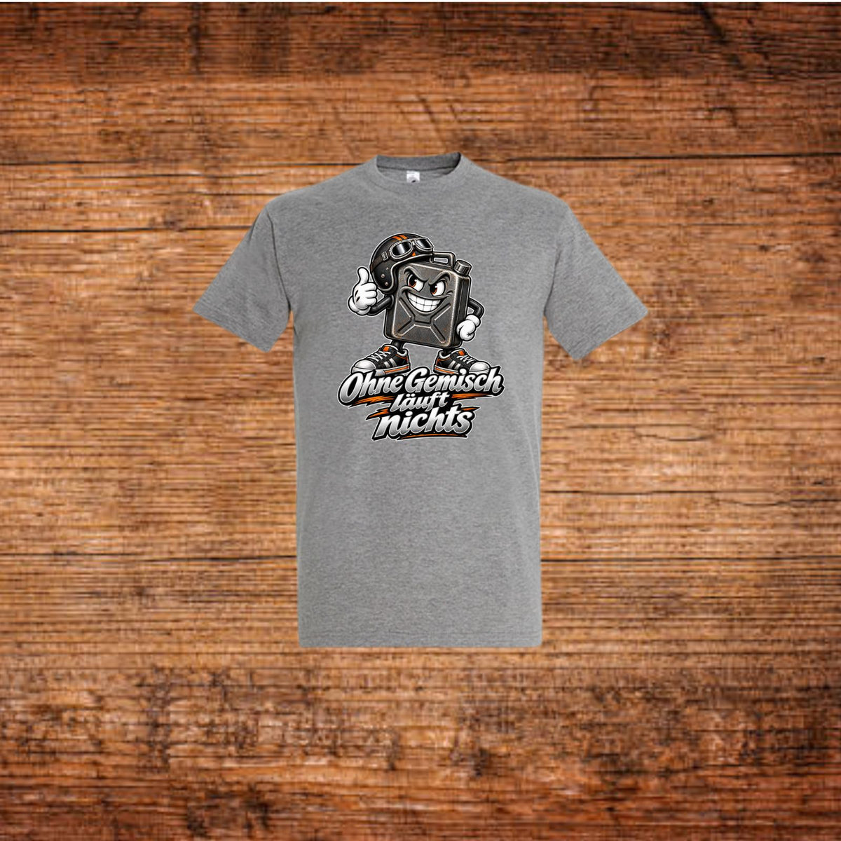 Graues Mofa-T-Shirt mit Benzinkanister-Print vorn