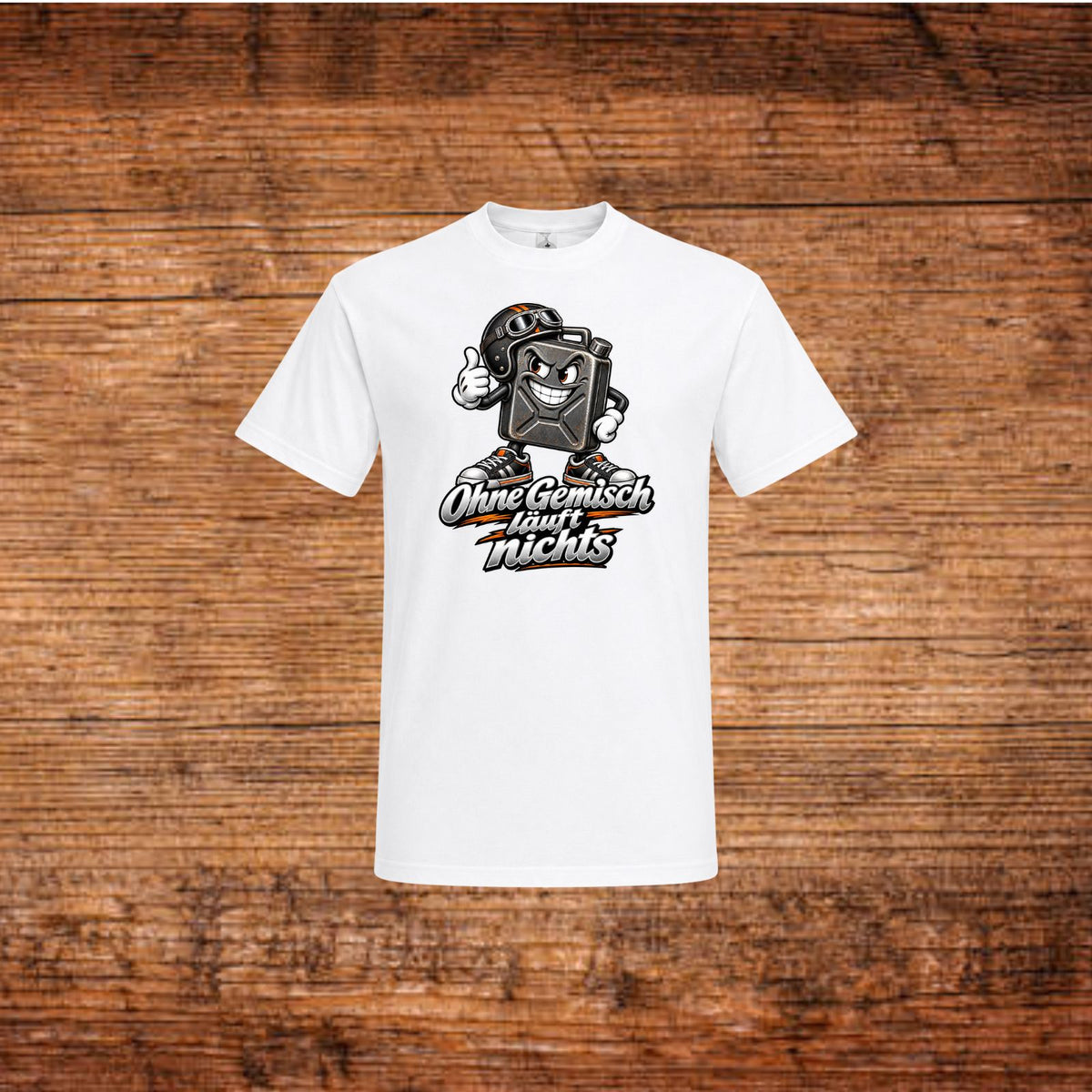 Weißes Mofa-T-Shirt mit Benzinkanister-Print vorn