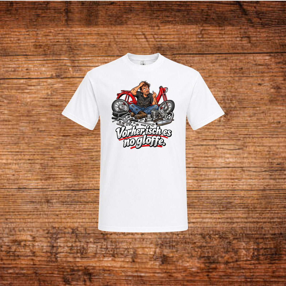 Weiße T-Shirt mit Mofa-Schrauber-Motiv