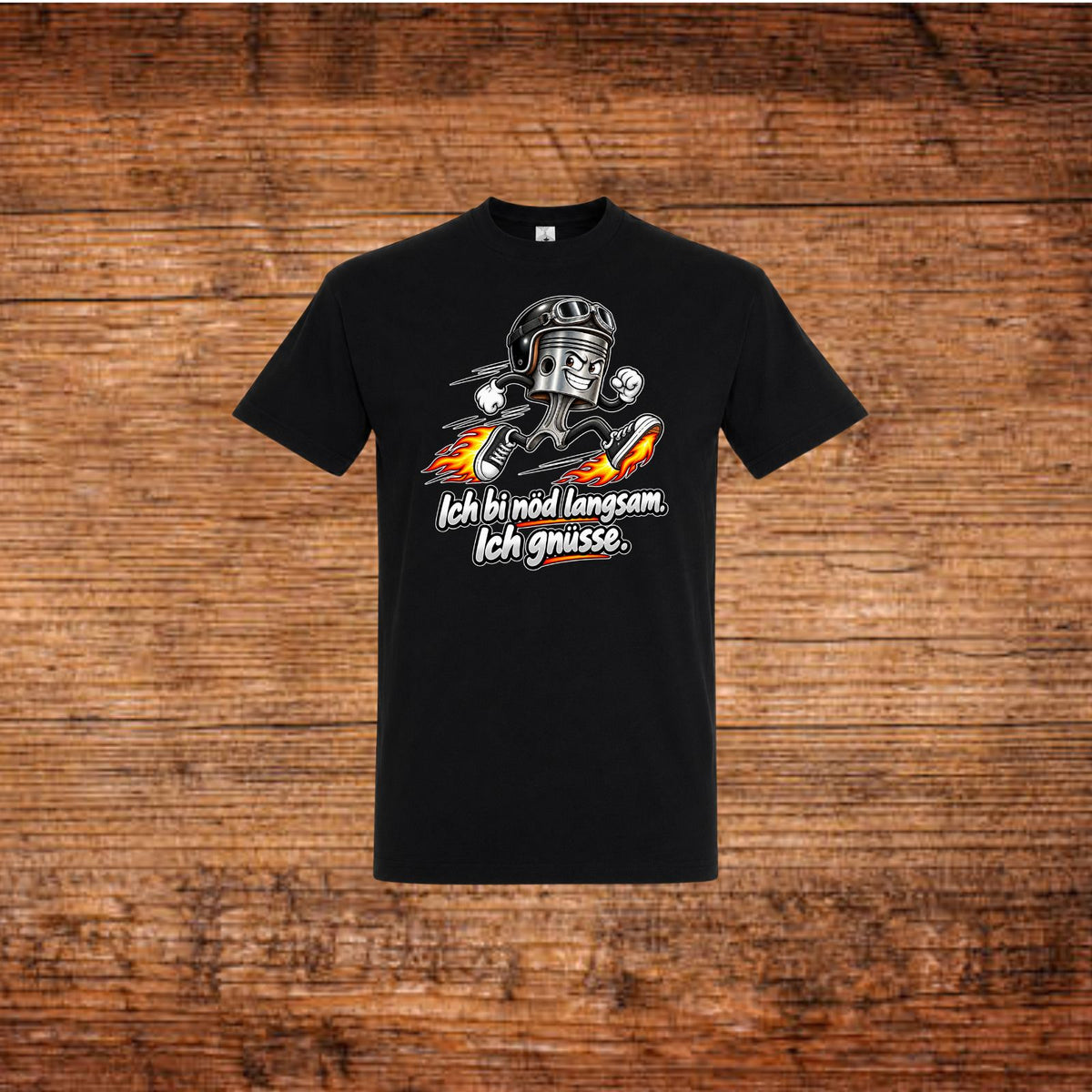 Schwarzes Mofa-T-Shirt mit Kolben-Motiv, Flammen und Aufdruck am Brustbereich.