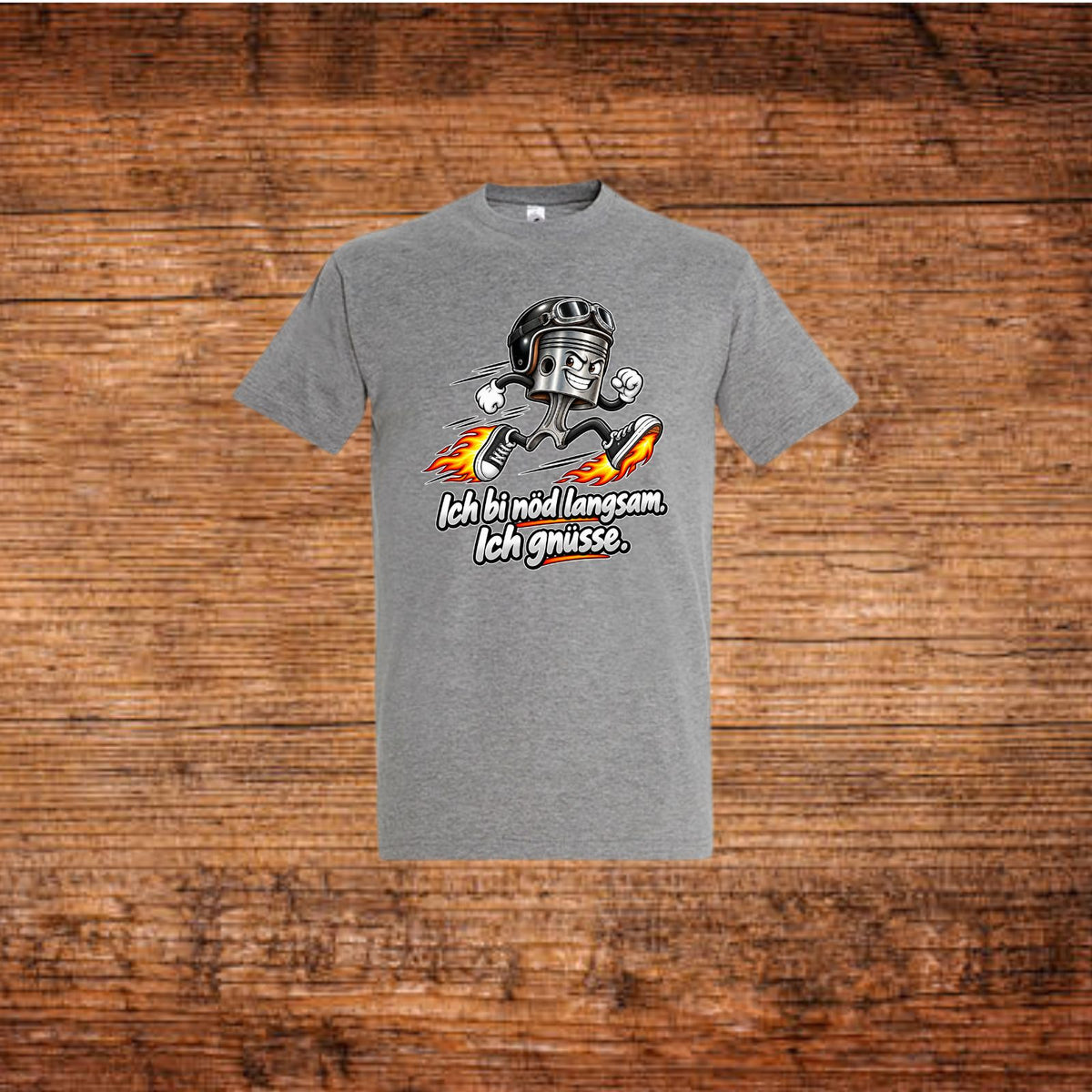 Graues Mofa-T-Shirt mit Kolben-Motiv, Flammen und Schriftzug auf der Brust.