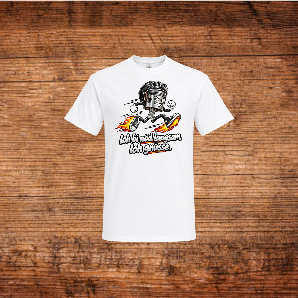 Weißes Mofa-T-Shirt mit Kolben-Motiv, Flammen und Schriftzug auf der Brust.